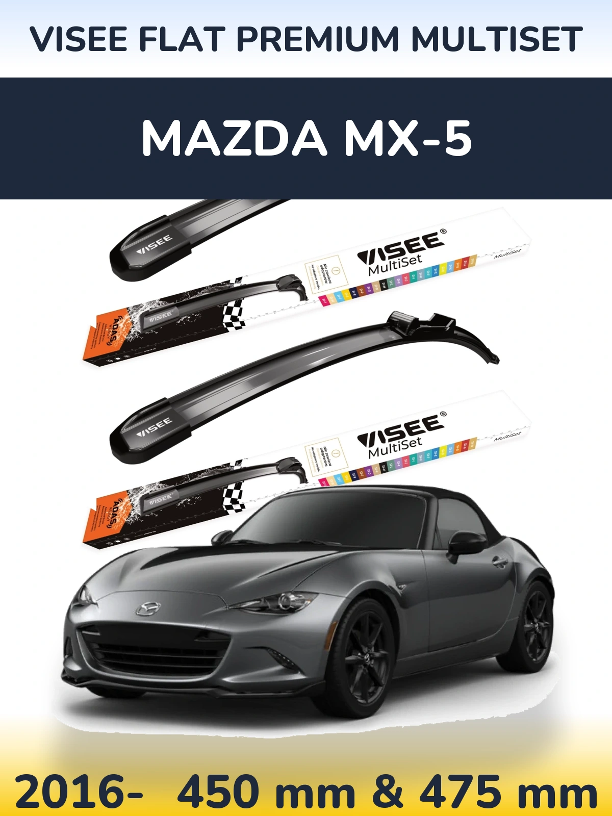 Komplet przednich wycieraczek VISEE FLAT PREMIUM MultiSet 450 & 475 mm do Mazda MX-5 2016-2026