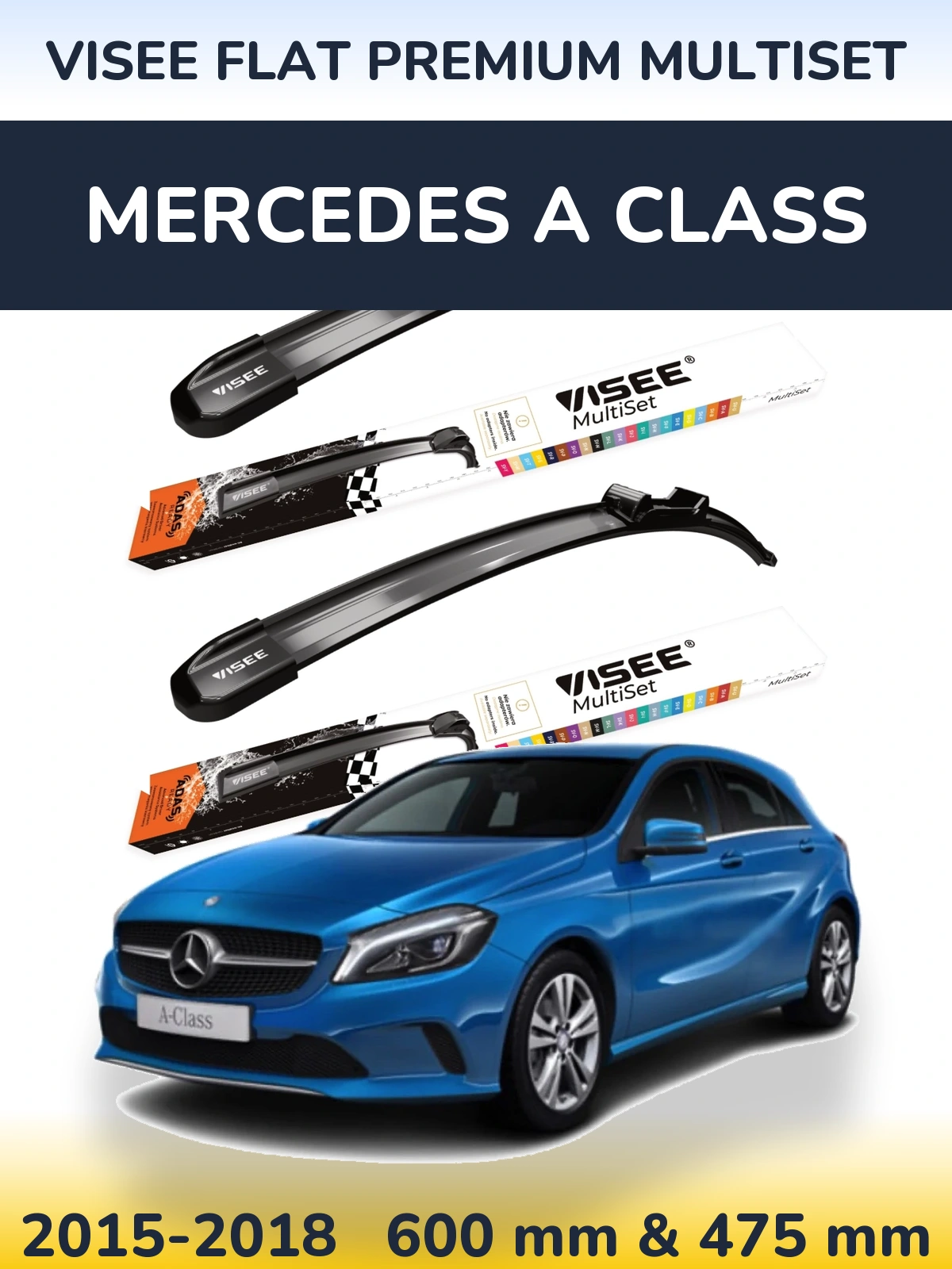 Комплект передних дворников VISEE FLAT PREMIUM MultiSet 600 & 475 мм для Mercedes A Class 2015-2018