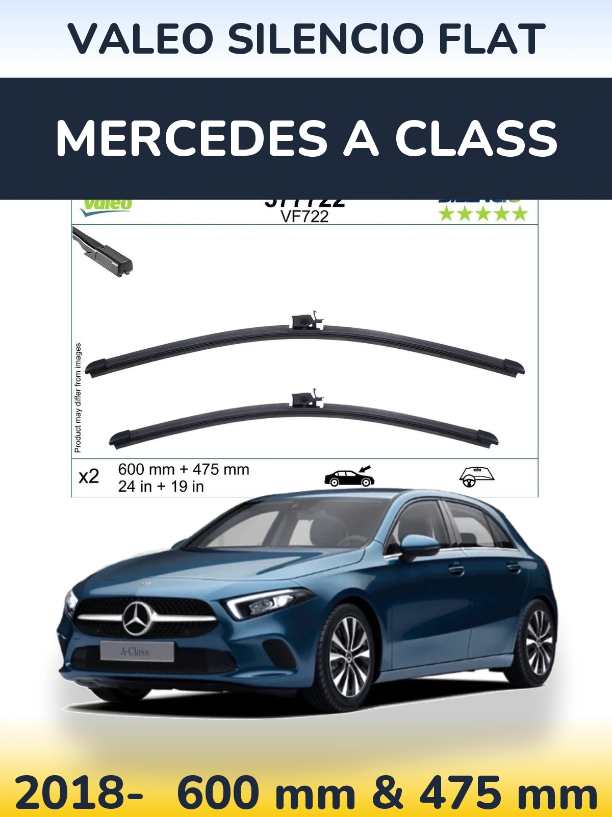 Комплект передніх щіток Valeo Silencio Flat 600 & 475 мм для Mercedes A Class 2018-2026