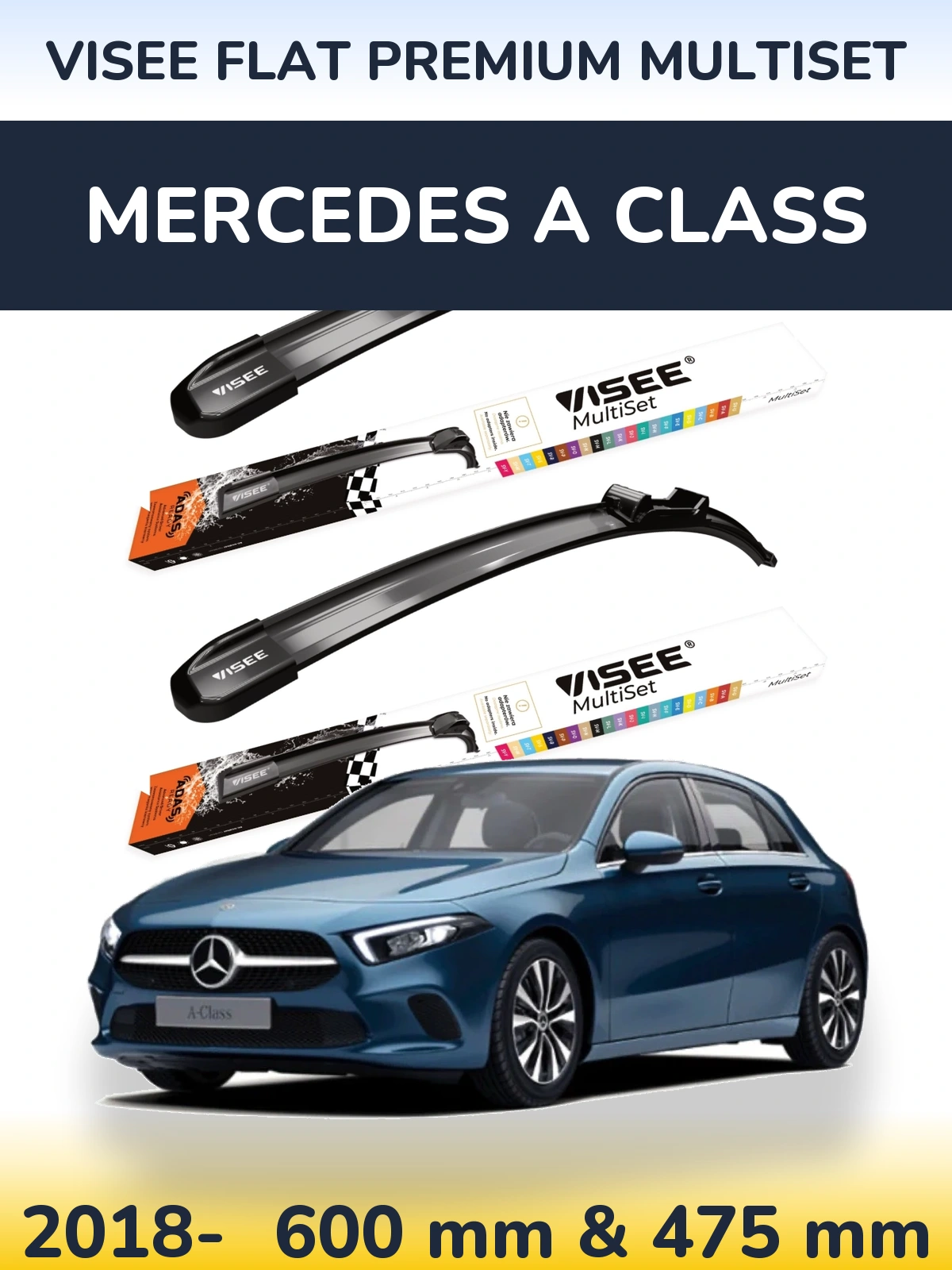 Комплект передних дворников VISEE FLAT PREMIUM MultiSet 600 & 475 мм для Mercedes A Class 2018-2026