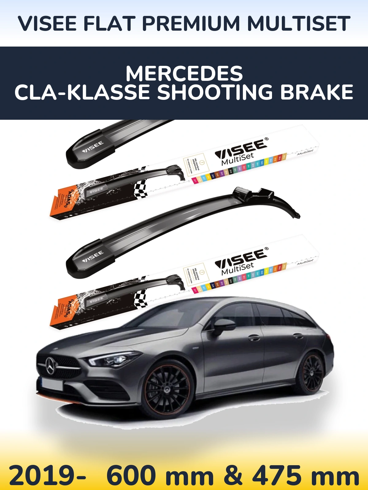 Комплект передніх щіток VISEE FLAT PREMIUM MultiSet 600 & 475 мм для Mercedes CLA-Klasse Shooting Brake 2019-2026