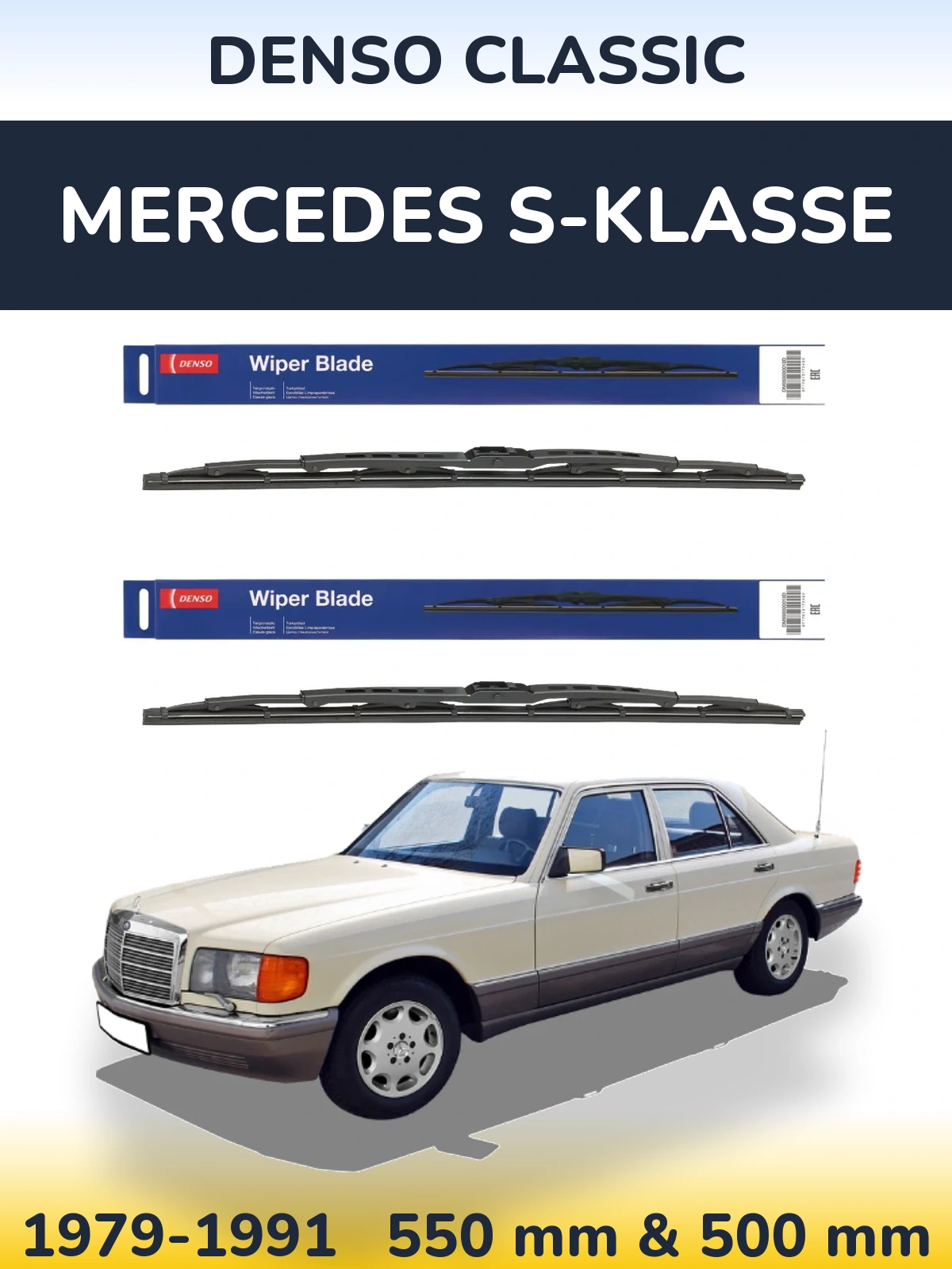 Front wiper blade set Denso Classic 550 & 500 mm for Mercedes S-Klasse 1979-1991