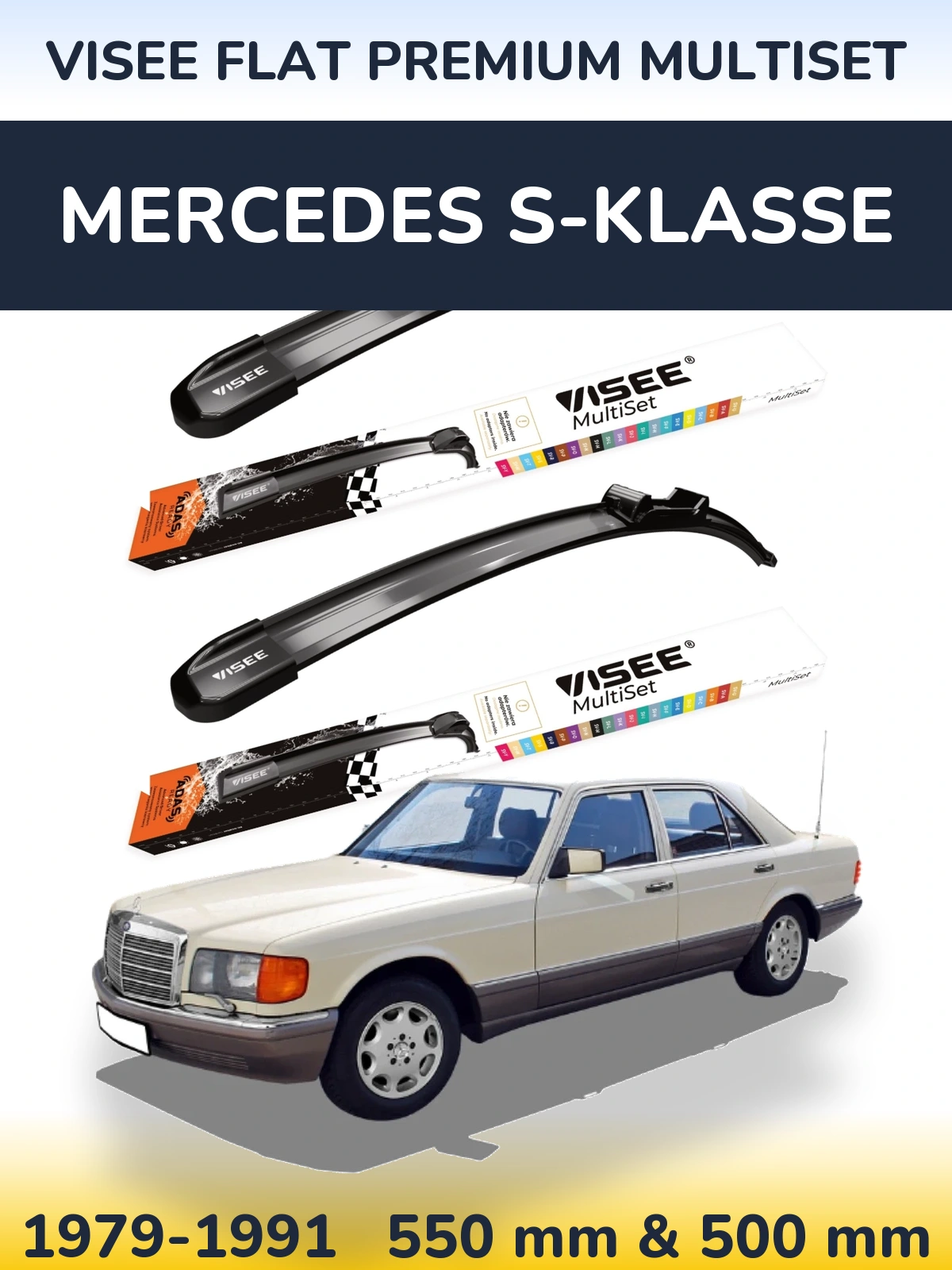 Komplet przednich wycieraczek VISEE FLAT PREMIUM MultiSet 550 & 500 mm do Mercedes S-Klasse 1979-1991