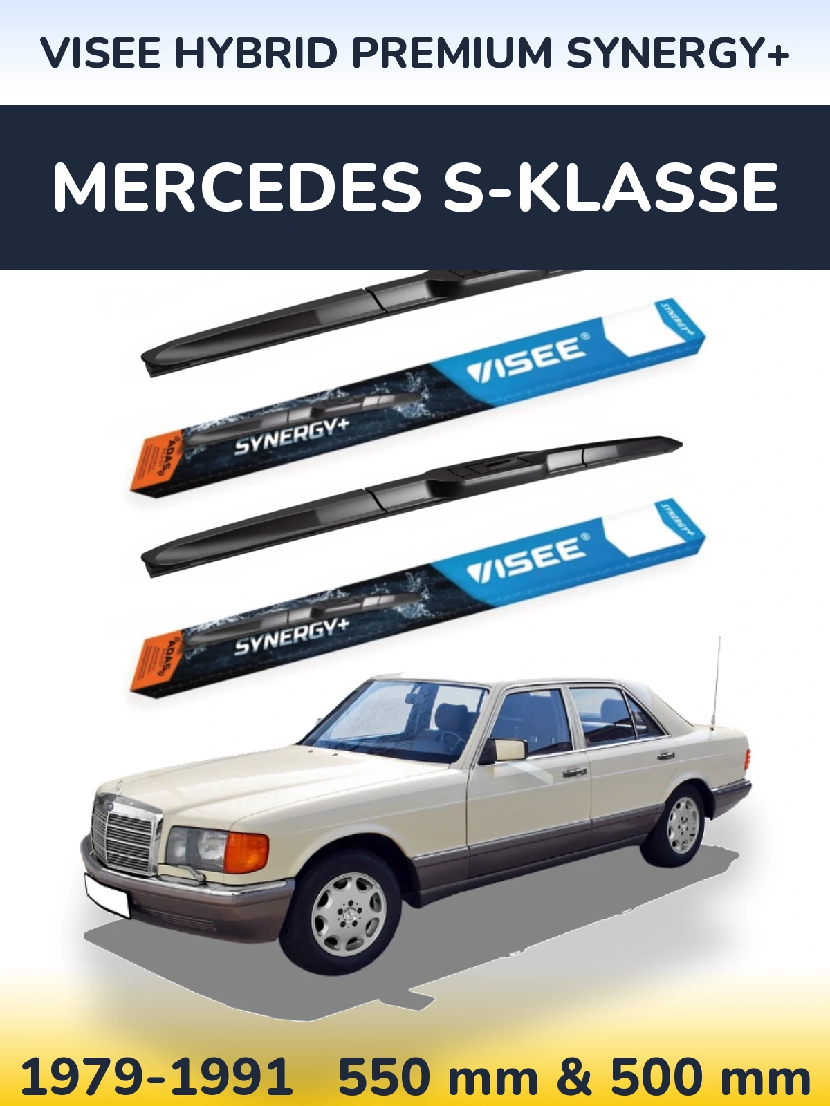 Front wiper blade set VISEE HYBRID PREMIUM SYNERGY+ 550 & 500 mm for Mercedes S-Klasse 1979-1991