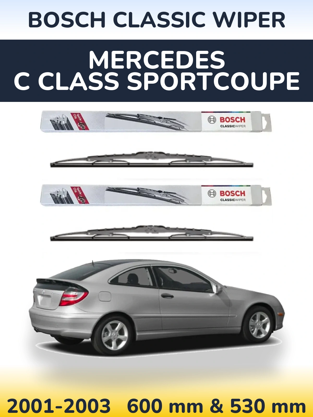 Front wiper blade set BOSCH Classic Wiper 600 & 530 mm for Mercedes C Class Sportcoupe 2001-2003