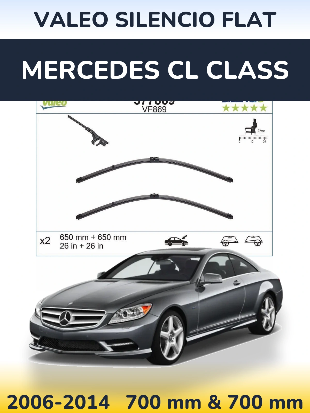 Front wiper blade set Valeo Silencio Flat 680 & 680 mm for Mercedes CL Class 2006-2014