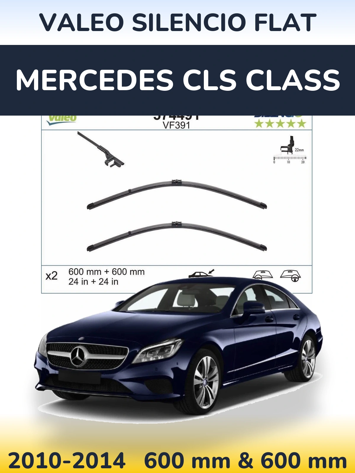 Front wiper blade set Valeo Silencio Flat 600 & 600 mm for Mercedes CLS Class 2010-2014