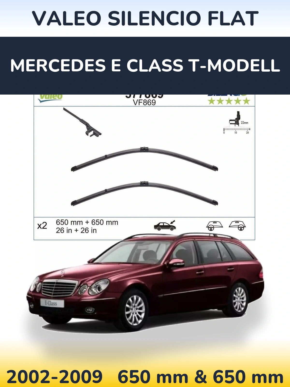 Front wiper blade set Valeo Silencio Flat 680 & 680 mm for Mercedes E Class T-Modell 2002-2009
