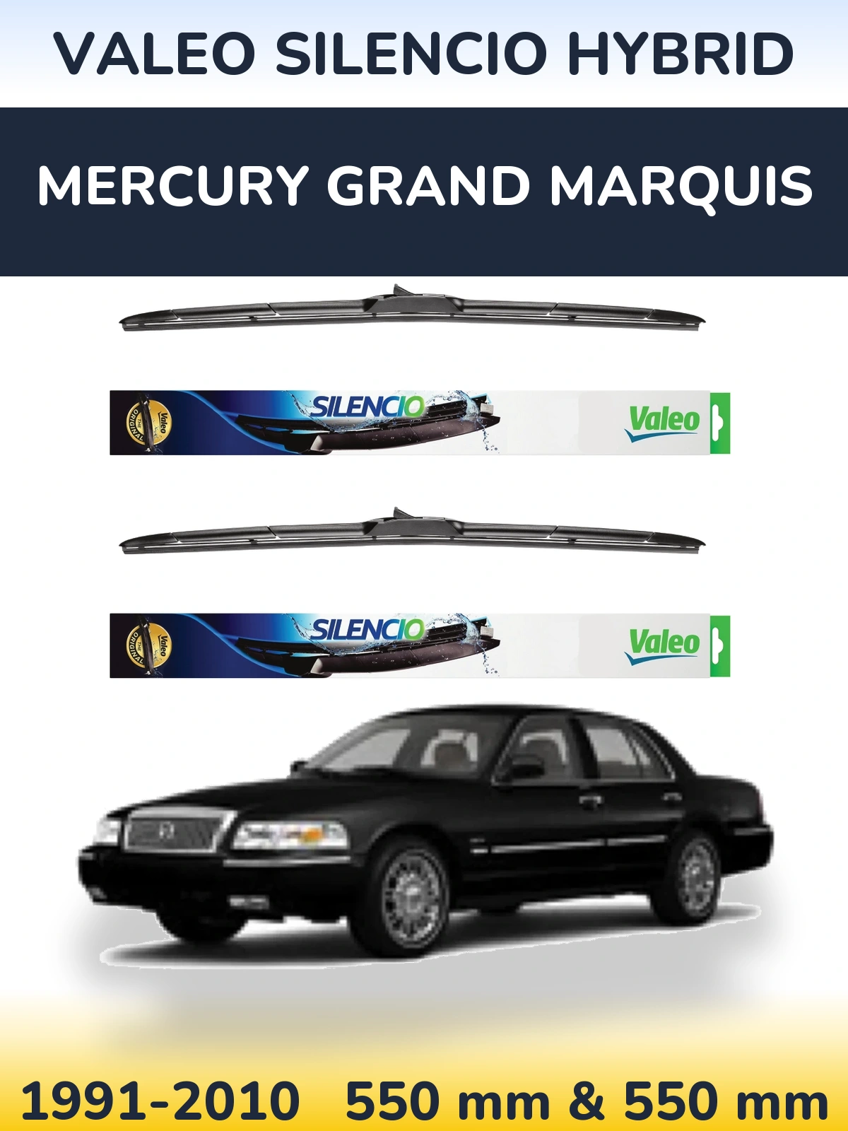 Front wiper blade set Valeo Silencio Hybrid 550 & 550 mm for Mercury Grand Marquis 1991-2010