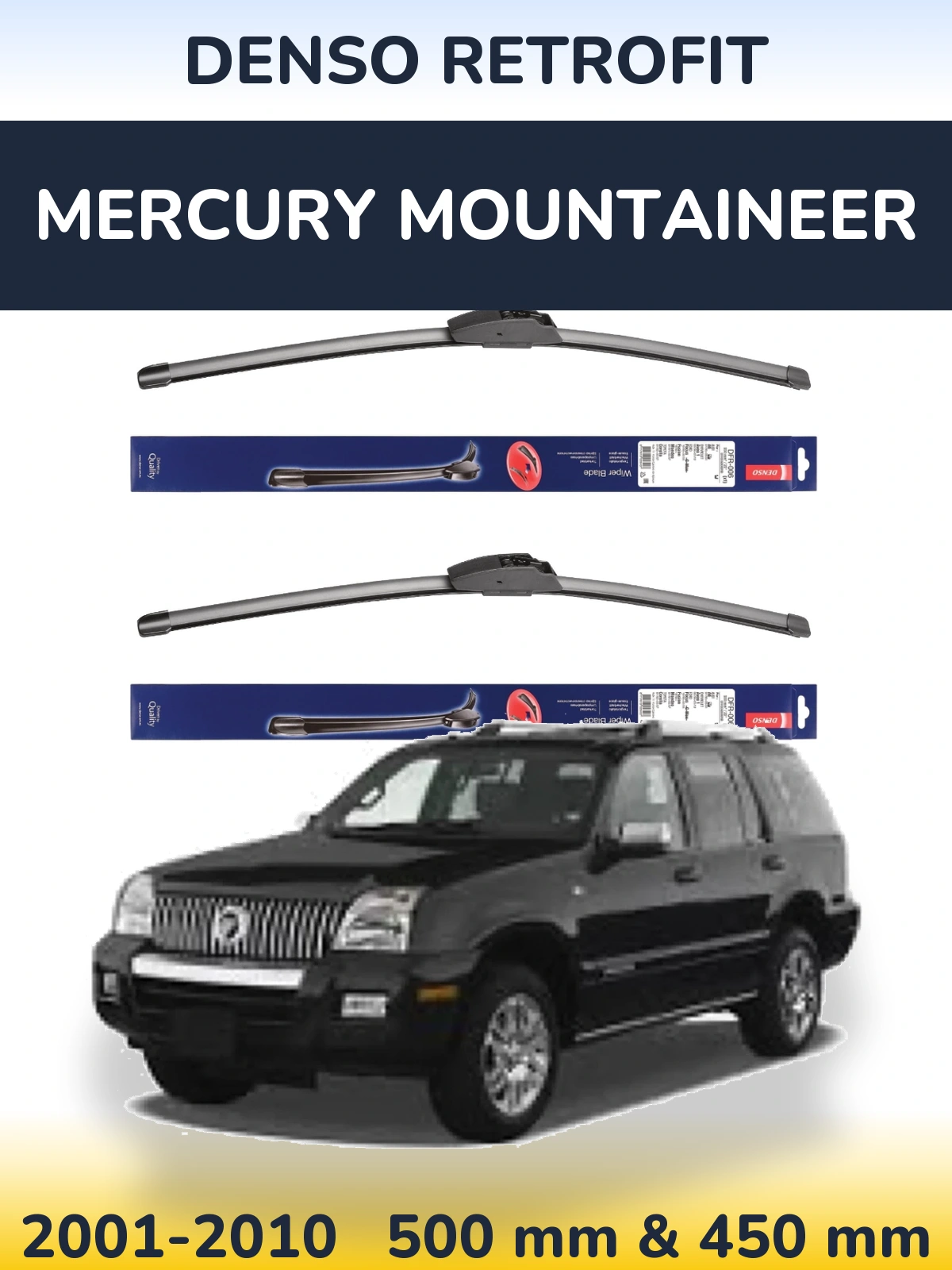 Front wiper blade set Denso Retrofit 500 & 450 mm for Mercury Mountaineer 2001-2010