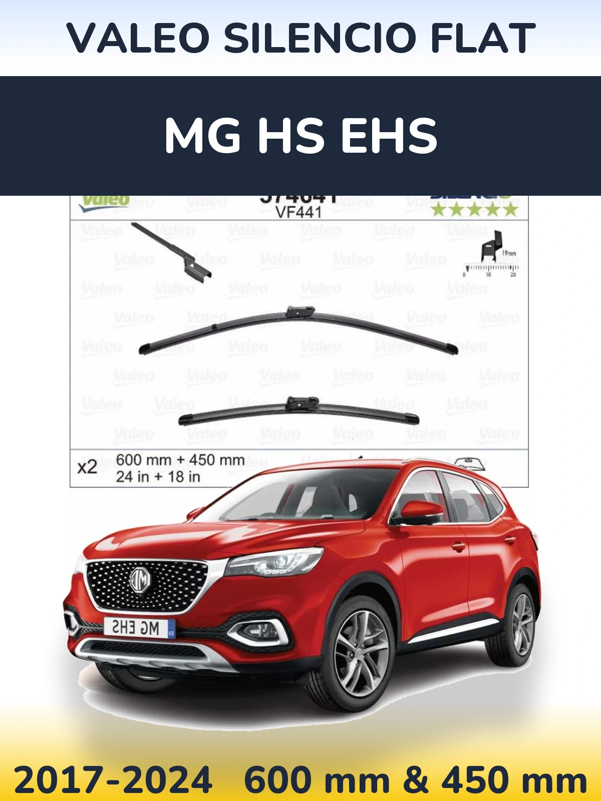 Front wiper blade set Valeo Silencio Flat 600 & 450 mm for MG HS eHS 2017-2024