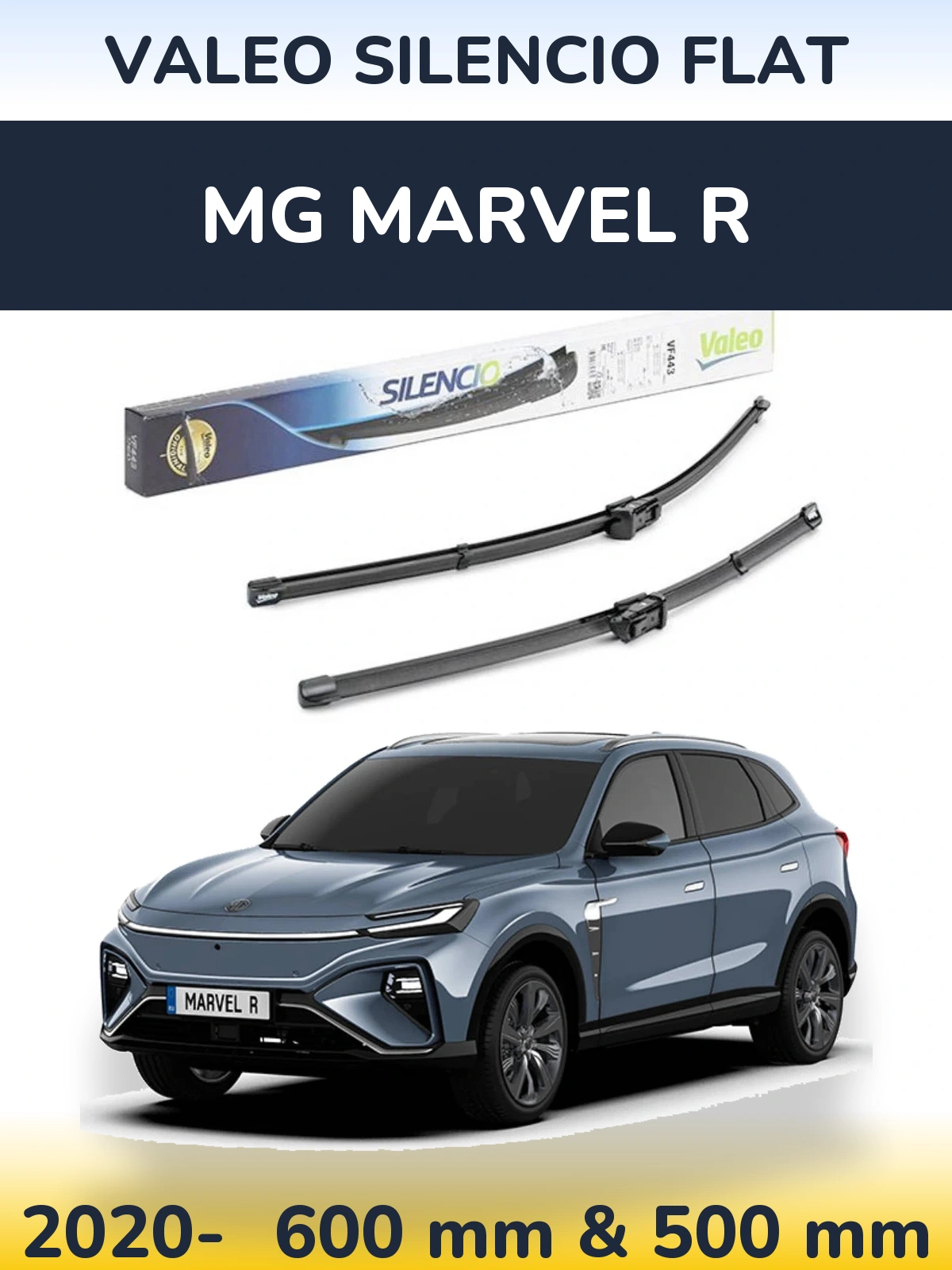 Front wiper blade set Valeo Silencio Flat 600 & 500 mm for MG Marvel R 2020-2026