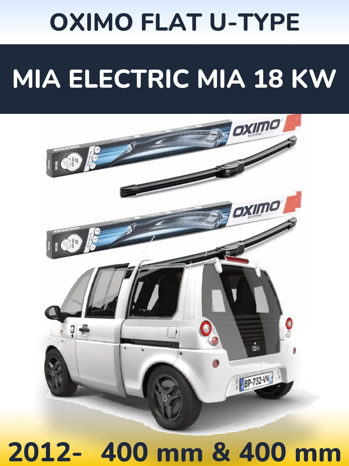Комплект передних дворников Oximo Flat U-type 400 & 400 мм для MIA Electric mia 18 kw 2012-2026
