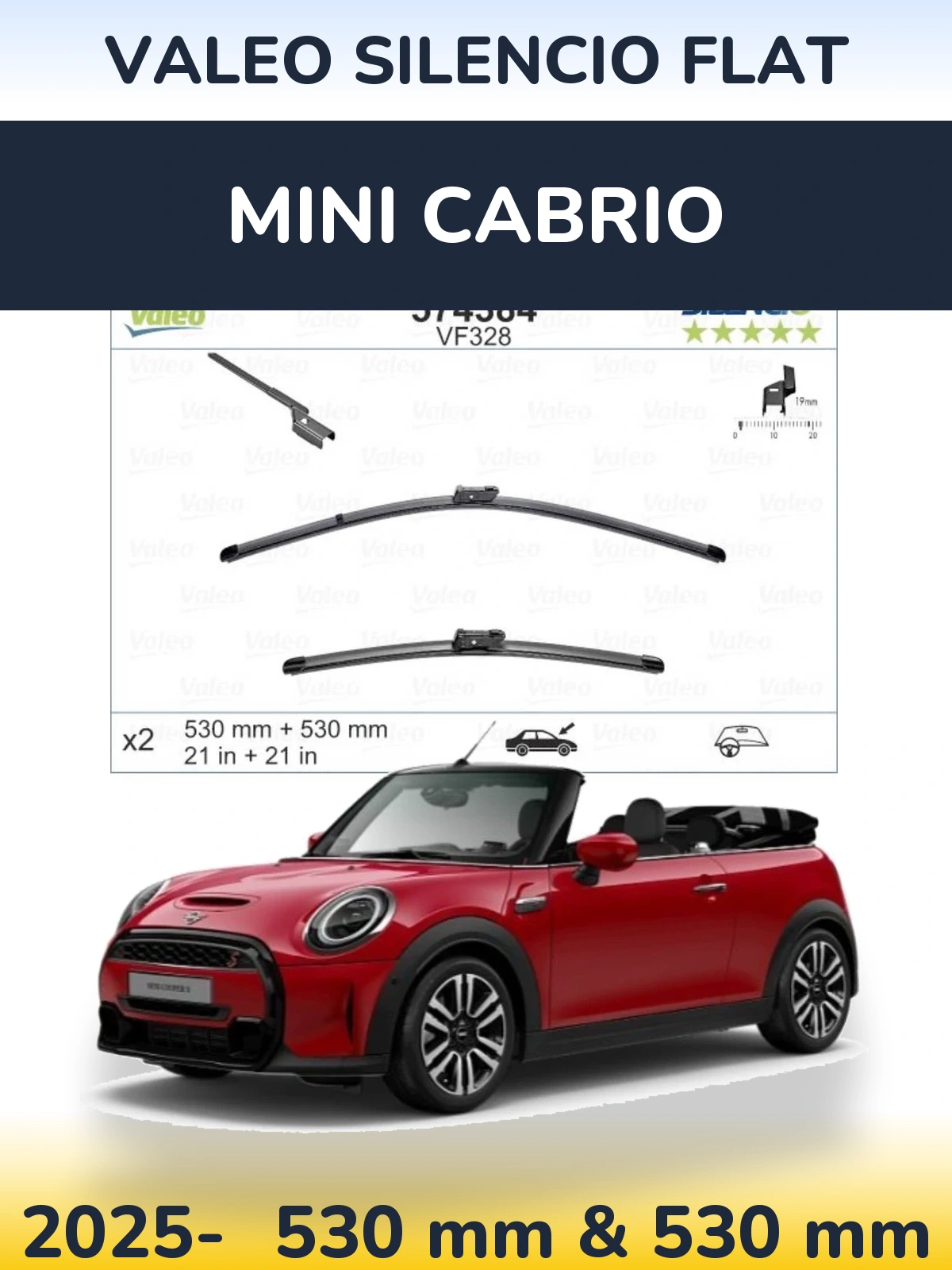 Front wiper blade set Valeo Silencio Flat 530 & 520 mm for MINI Cabrio 2025-2026