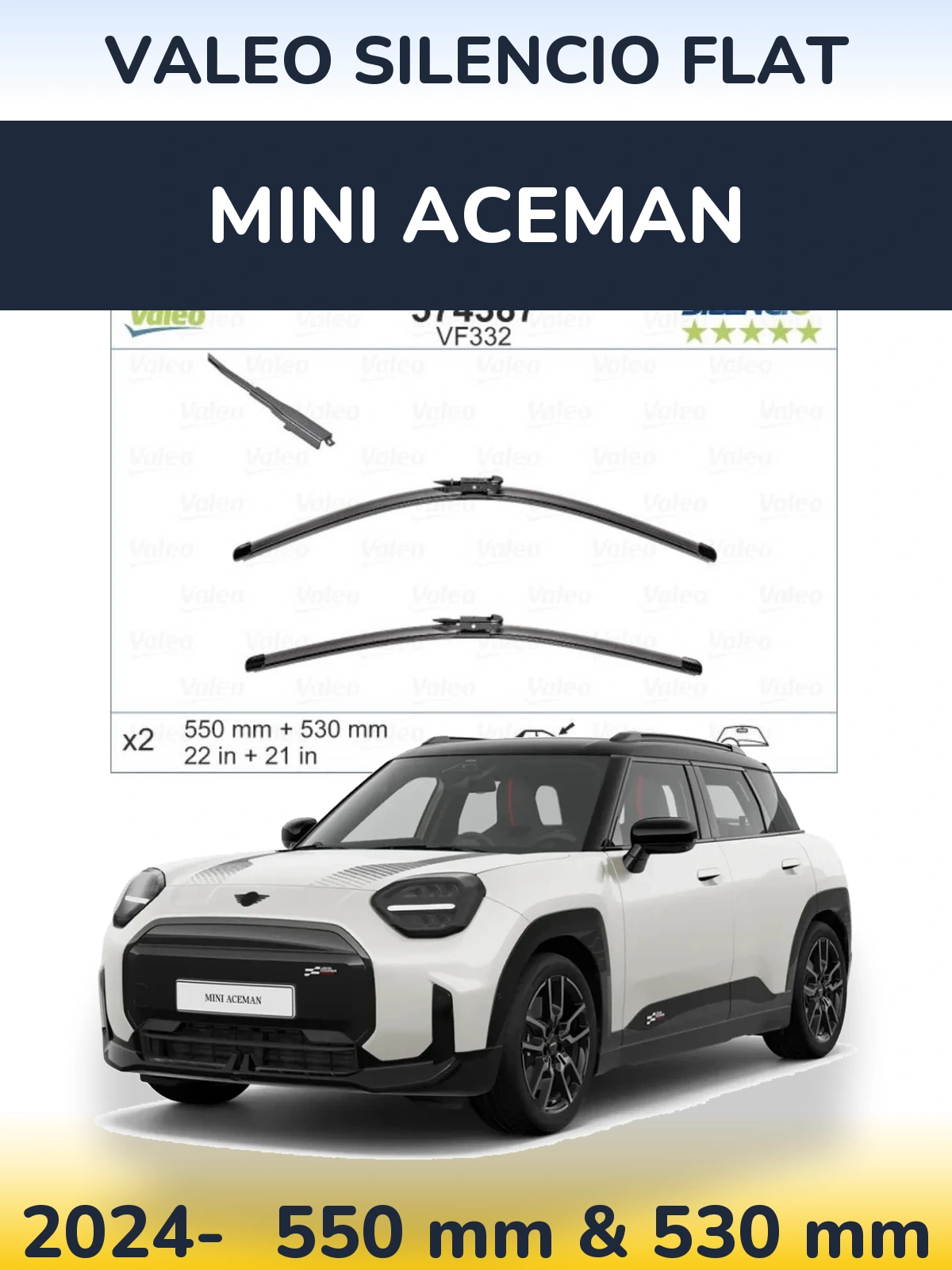 Front wiper blade set Valeo Silencio Flat 550 & 530 mm for MINI Aceman 2024-2026