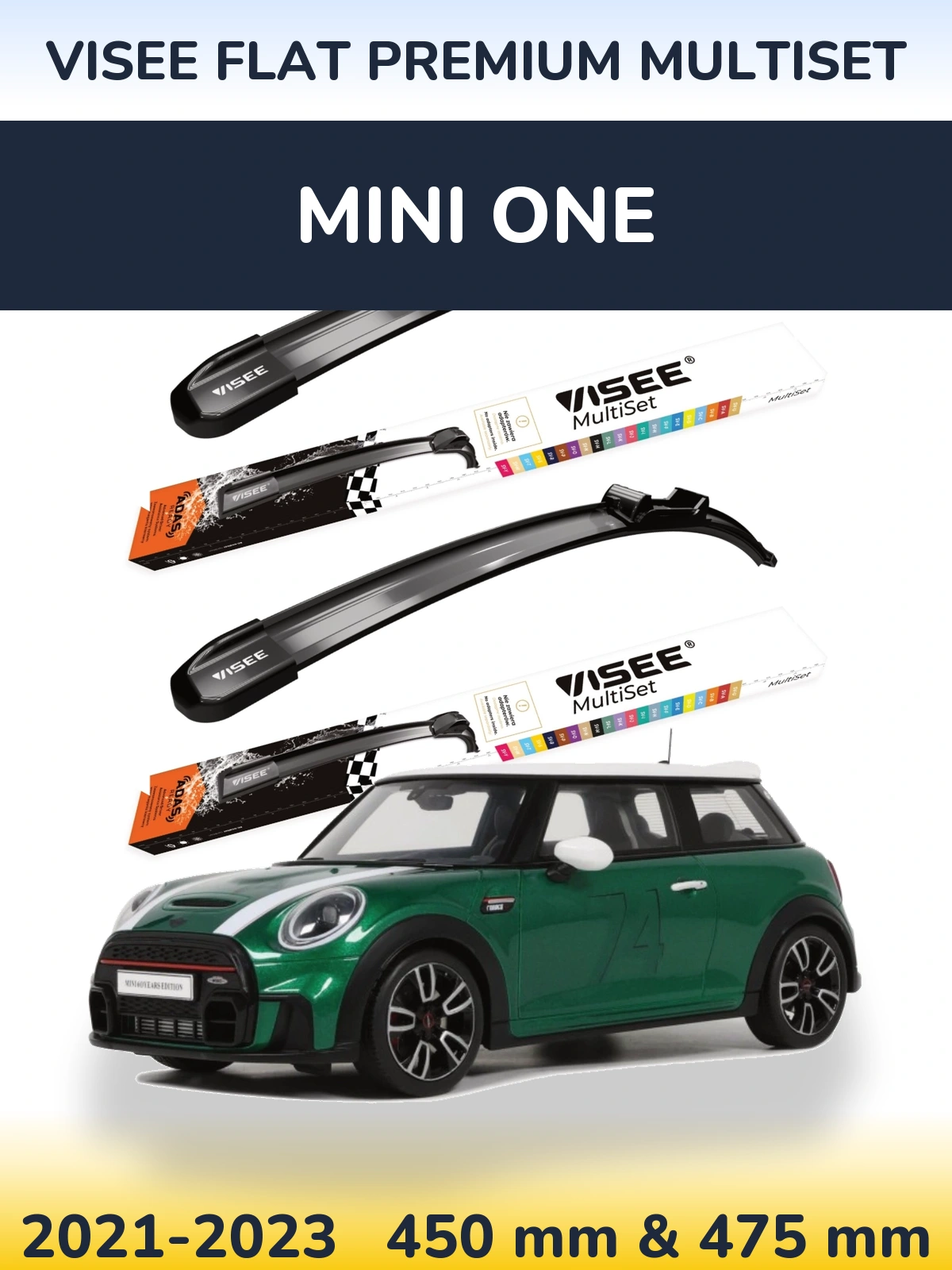 Komplet przednich wycieraczek VISEE FLAT PREMIUM MultiSet 450 & 475 mm do MINI One 2021-2023