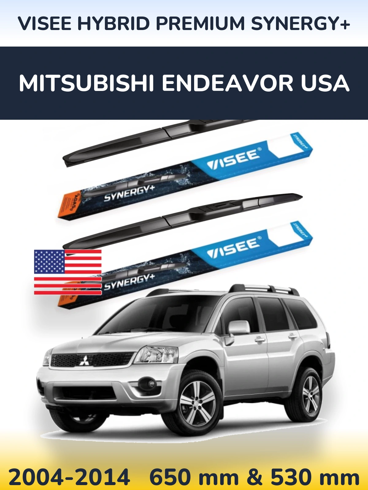 Front wiper blade set VISEE HYBRID PREMIUM SYNERGY+ 650 & 530 mm for Mitsubishi Endeavor USA 2004-2014