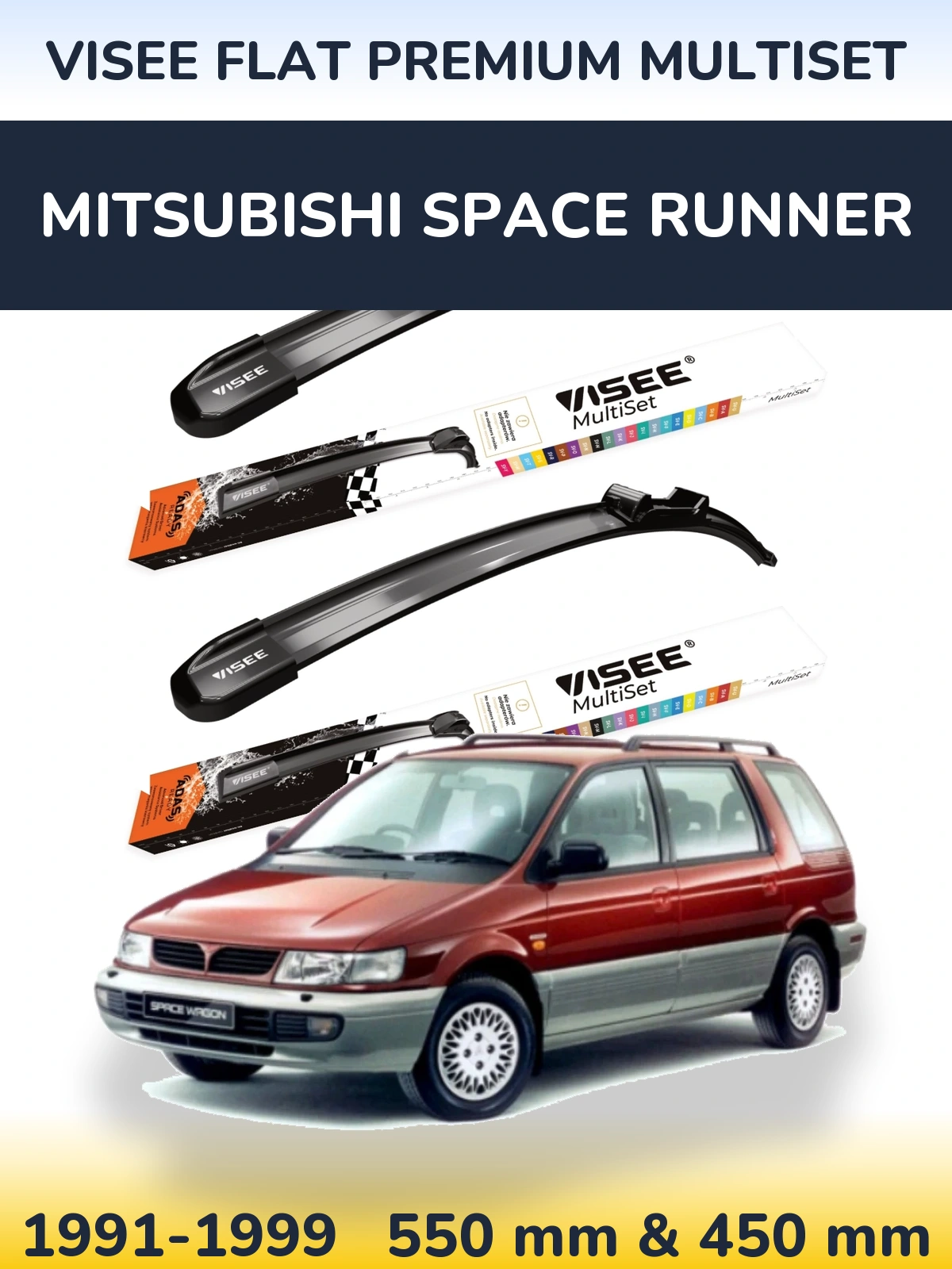 Front wiper blade set VISEE FLAT PREMIUM MultiSet 550 & 450 mm for Mitsubishi Space Runner 1991-1999
