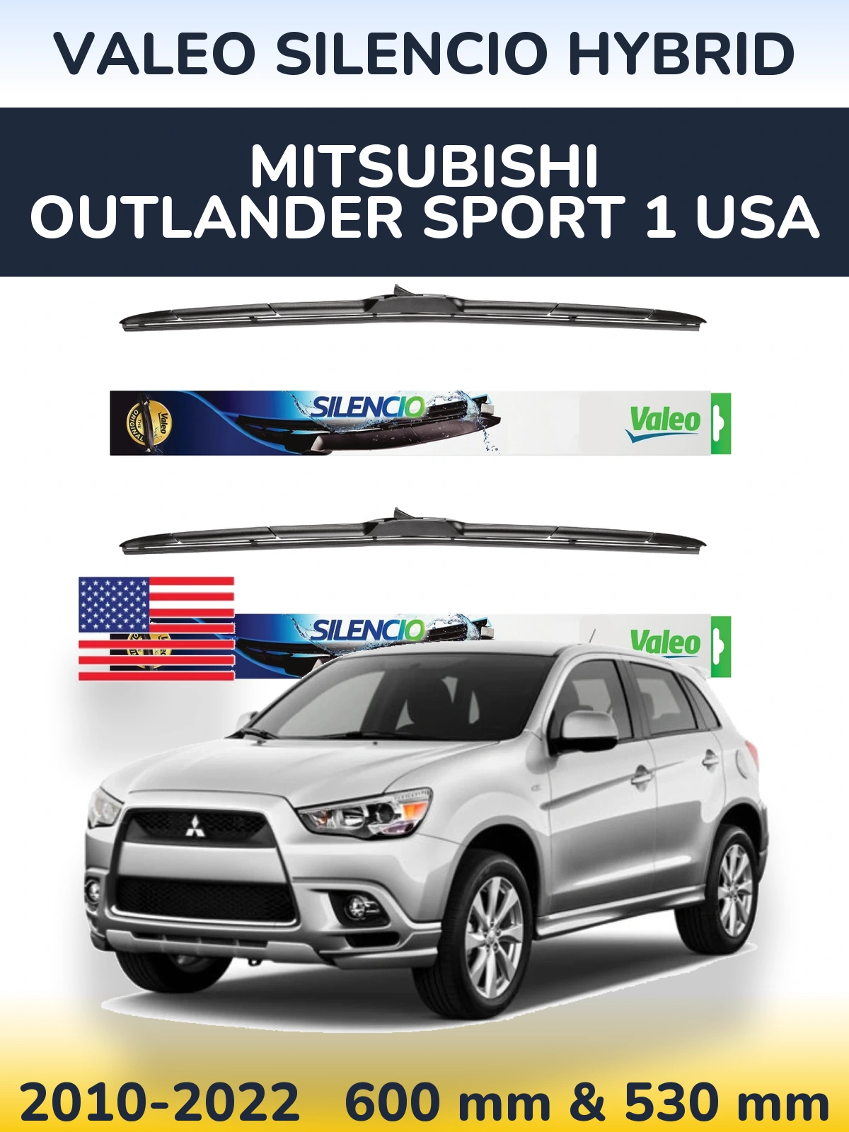 Front wiper blade set Valeo Silencio Hybrid 600 & 530 mm for Mitsubishi Outlander Sport 1 USA 2010-2022