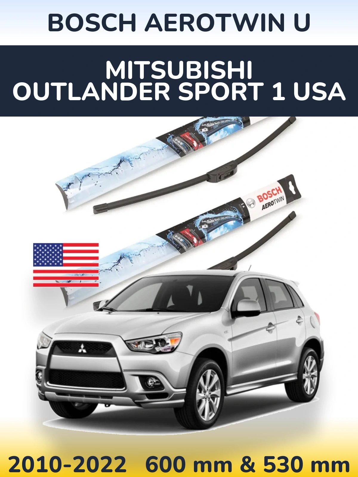 Front wiper blade set BOSCH AeroTwin U 600 & 530 mm for Mitsubishi Outlander Sport 1 USA 2010-2022