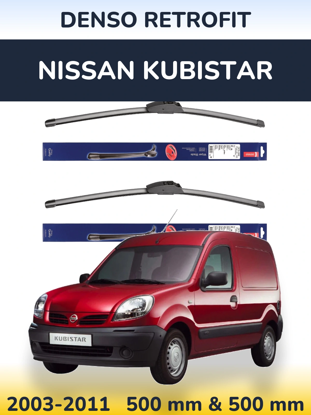 Front wiper blade set Denso Retrofit 500 & 500 mm for Nissan Kubistar 2003-2011