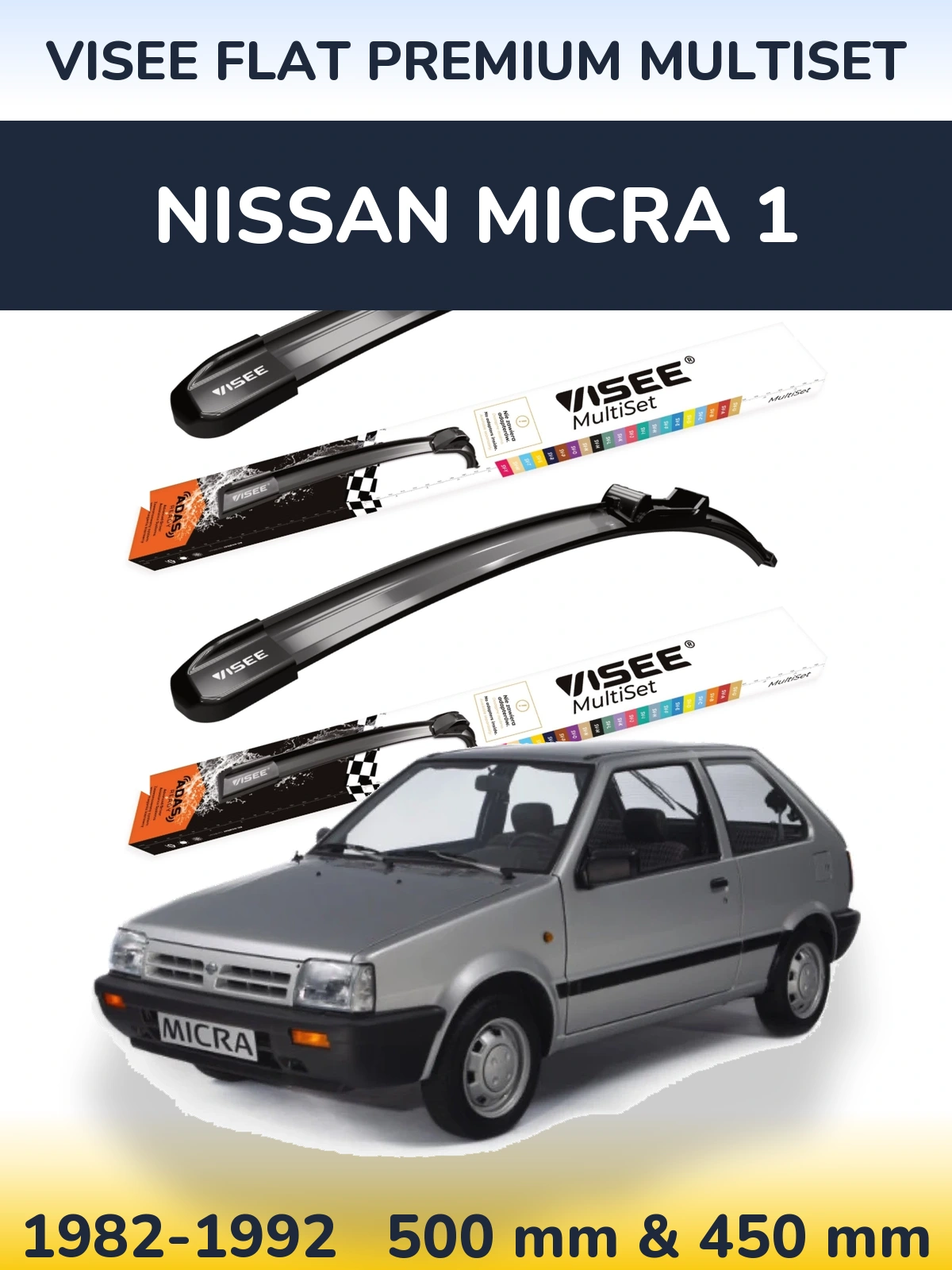 Комплект передніх щіток VISEE FLAT PREMIUM MultiSet 500 & 450 мм для Nissan Micra 1 1982-1992