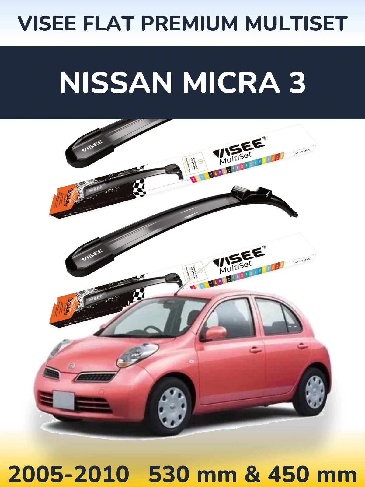 Front wiper blade set VISEE FLAT PREMIUM MultiSet 530 & 450 mm for Nissan Micra 3 2005-2010