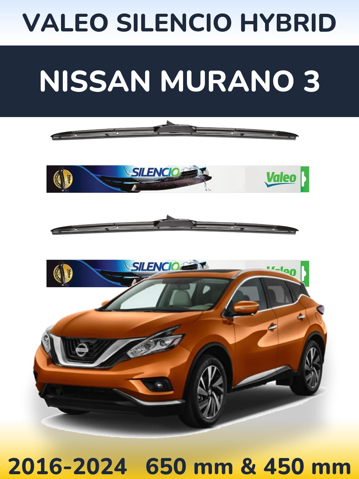 Front wiper blade set Valeo Silencio Hybrid 650 & 450 mm for Nissan Murano 3 2016-2024