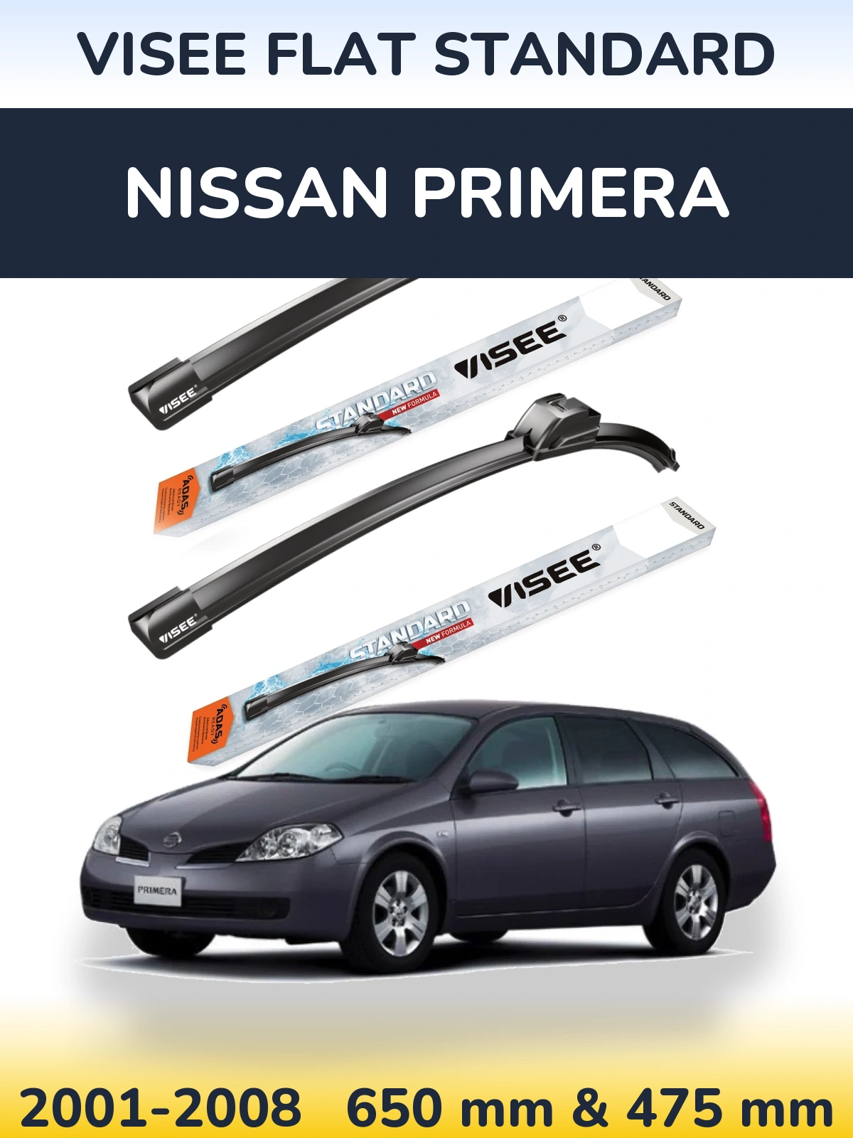 Front wiper blade set VISEE FLAT STANDARD 650 & 475 mm for Nissan Primera 2001-2008