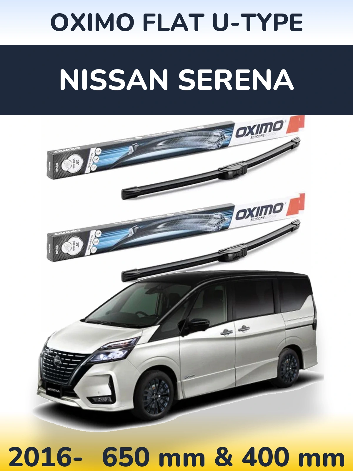 Комплект передних дворников Oximo Flat U-type 650 & 400 мм для Nissan Serena 2016-2026