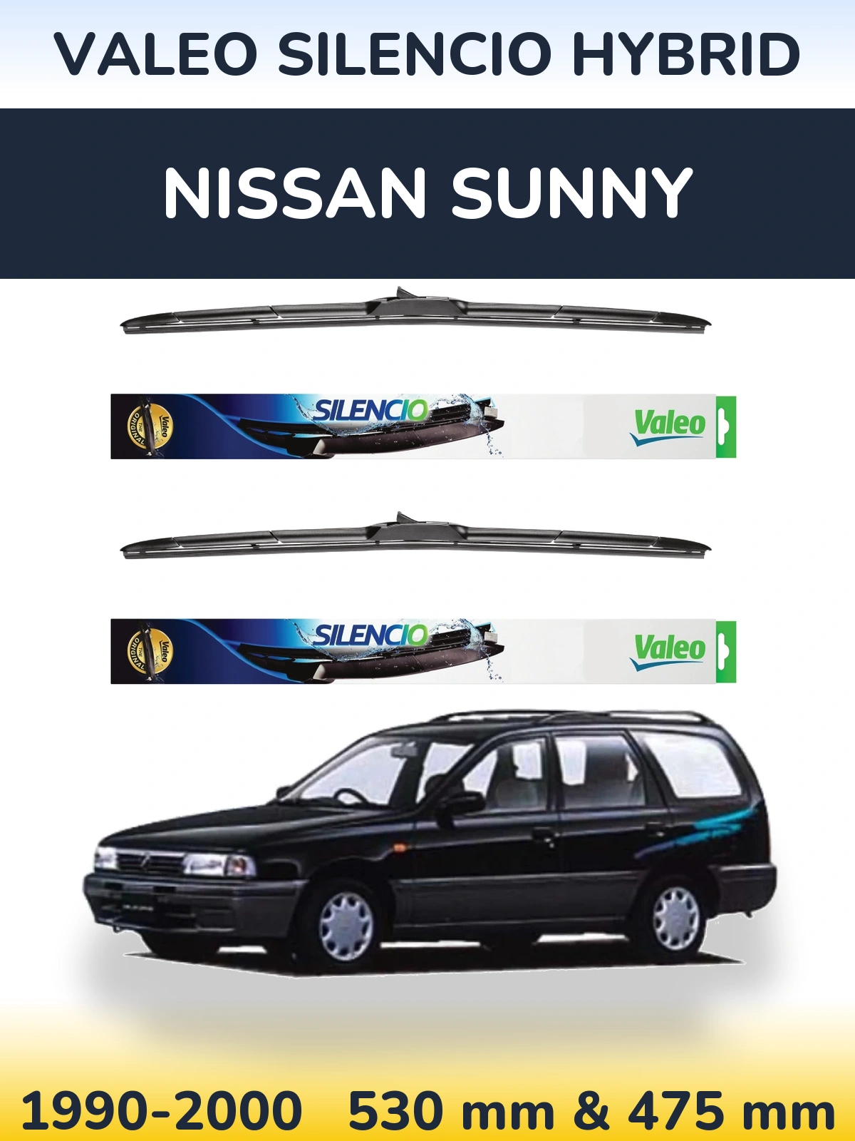 Front wiper blade set Valeo Silencio Hybrid 530 & 475 mm for Nissan Sunny 1990-2000