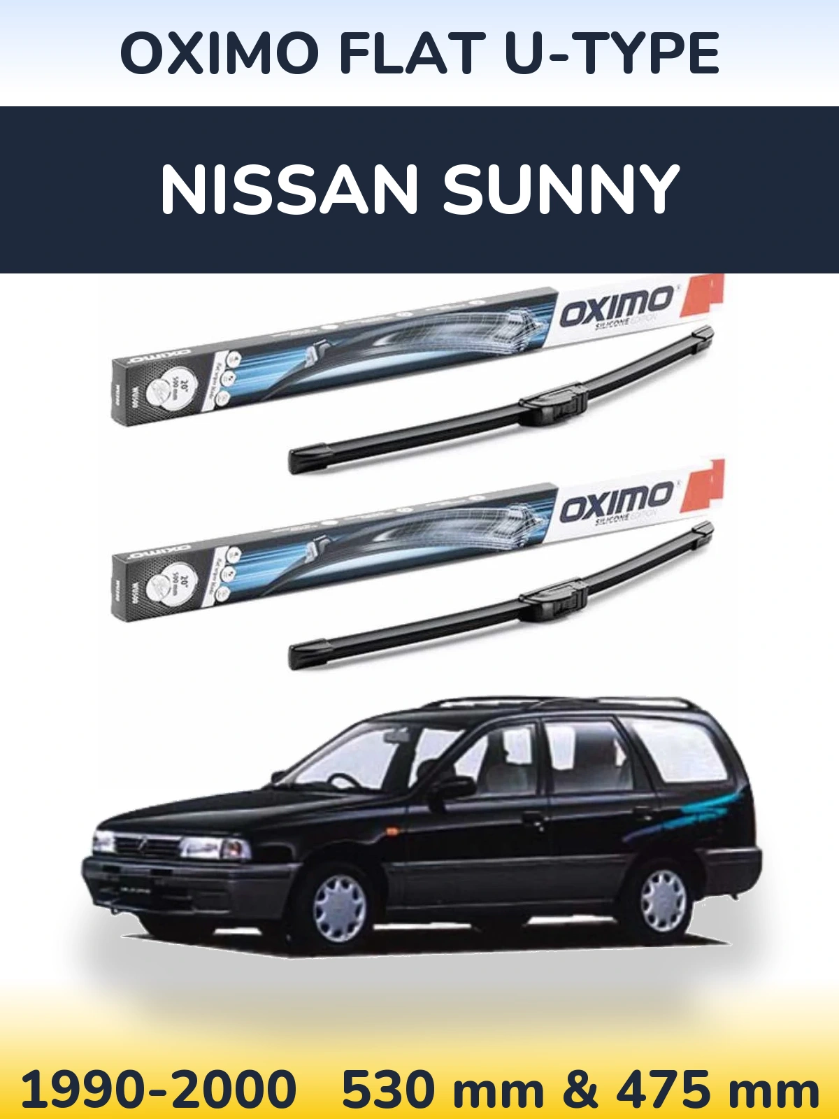 Front wiper blade set Oximo Flat U-type 530 & 475 mm for Nissan Sunny 1990-2000