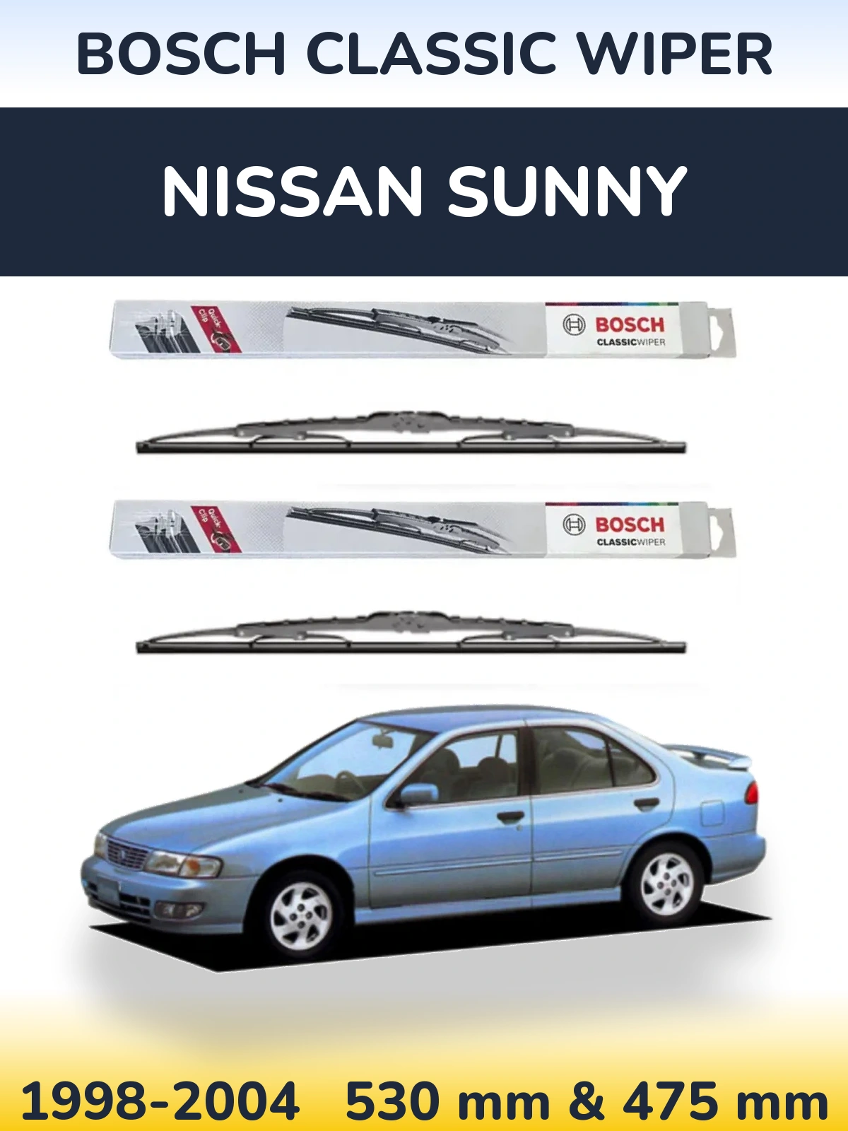 Комплект передних дворников BOSCH Classic Wiper 530 & 475 мм для Nissan Sunny 1998-2004