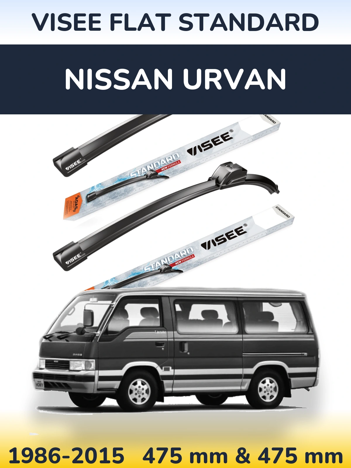 Front wiper blade set VISEE FLAT STANDARD 475 & 475 mm for Nissan Urvan 1986-2015