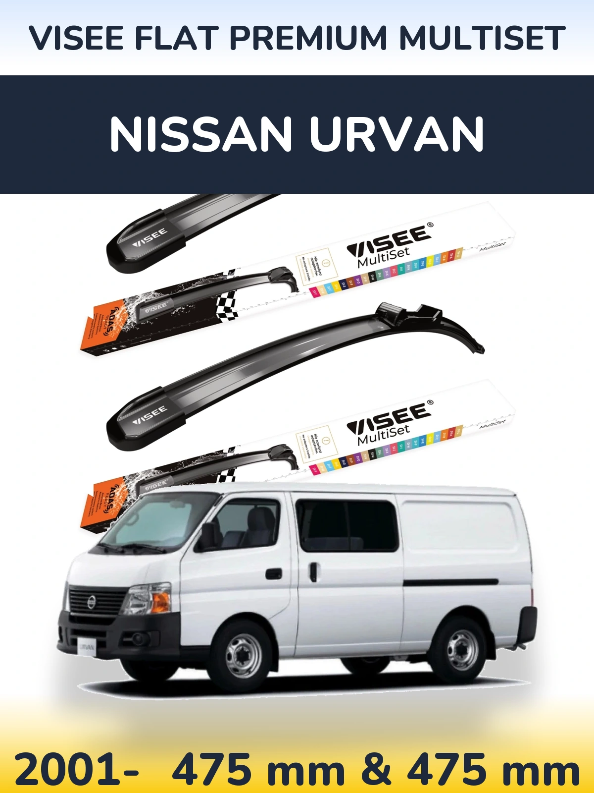 Front wiper blade set VISEE FLAT PREMIUM MultiSet 475 & 475 mm for Nissan Urvan 2001-2026