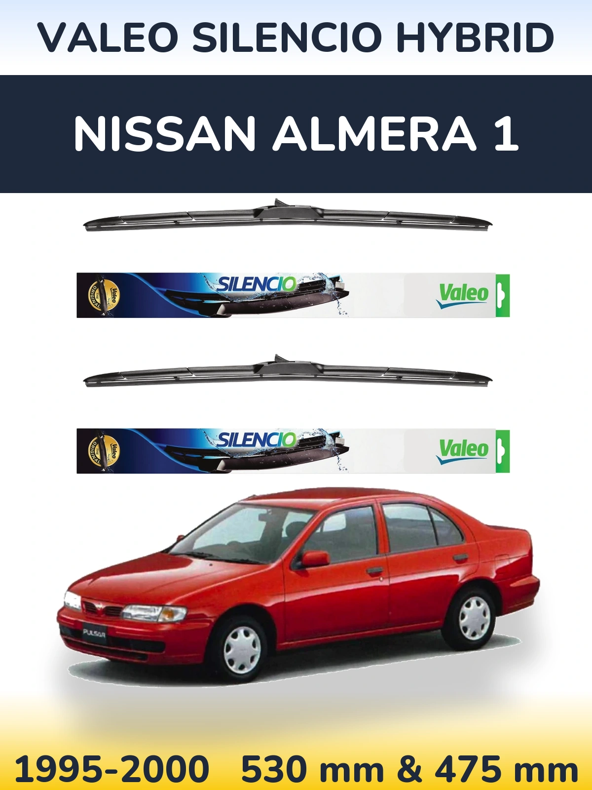 Front wiper blade set Valeo Silencio Hybrid 530 & 475 mm for Nissan Almera 1 1995-2000