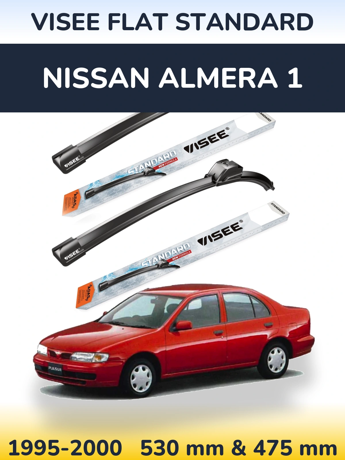 Front wiper blade set VISEE FLAT STANDARD 530 & 475 mm for Nissan Almera 1 1995-2000