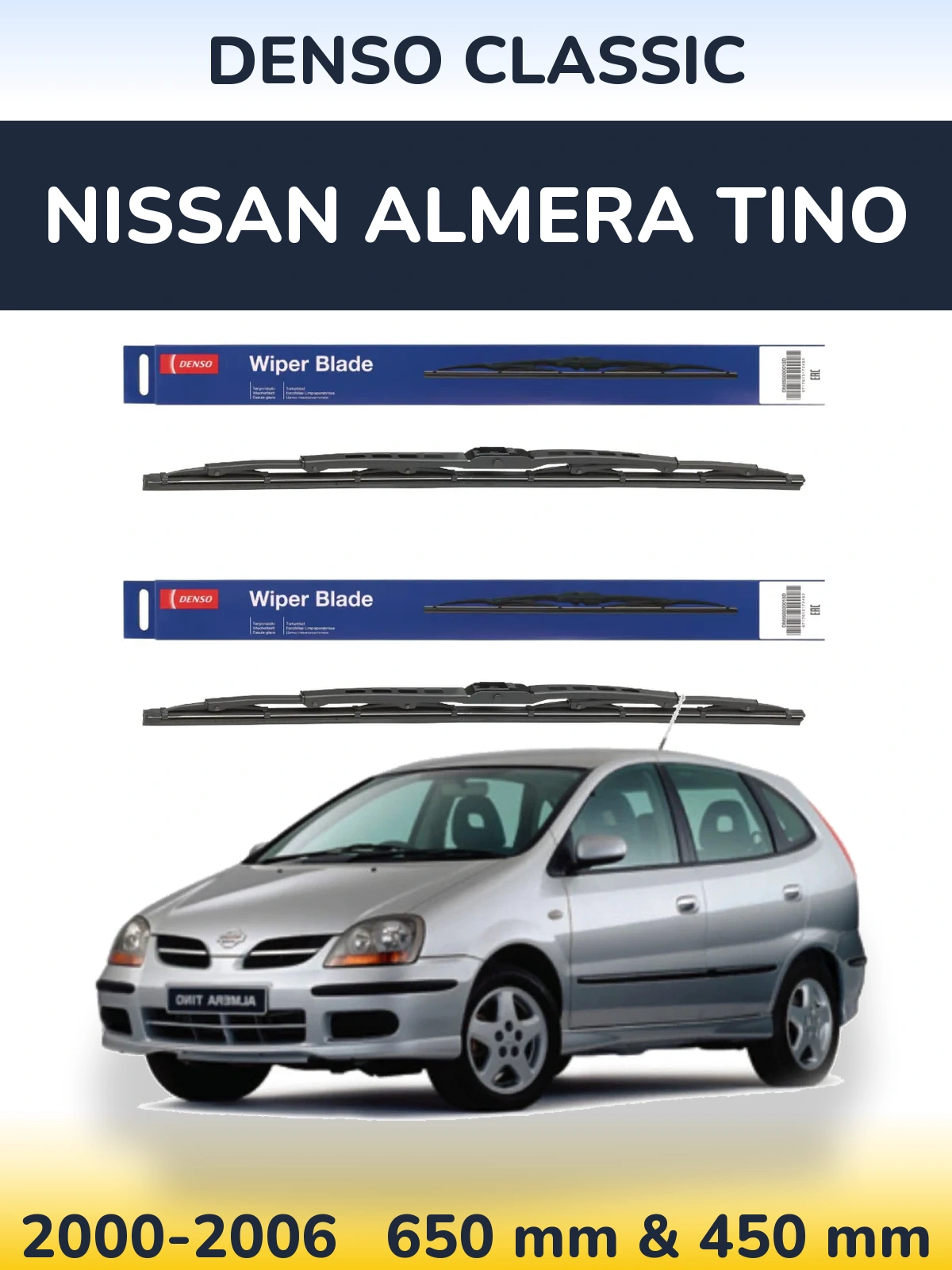 Front wiper blade set Denso Classic 650 & 450 mm for Nissan Almera Tino 2000-2006