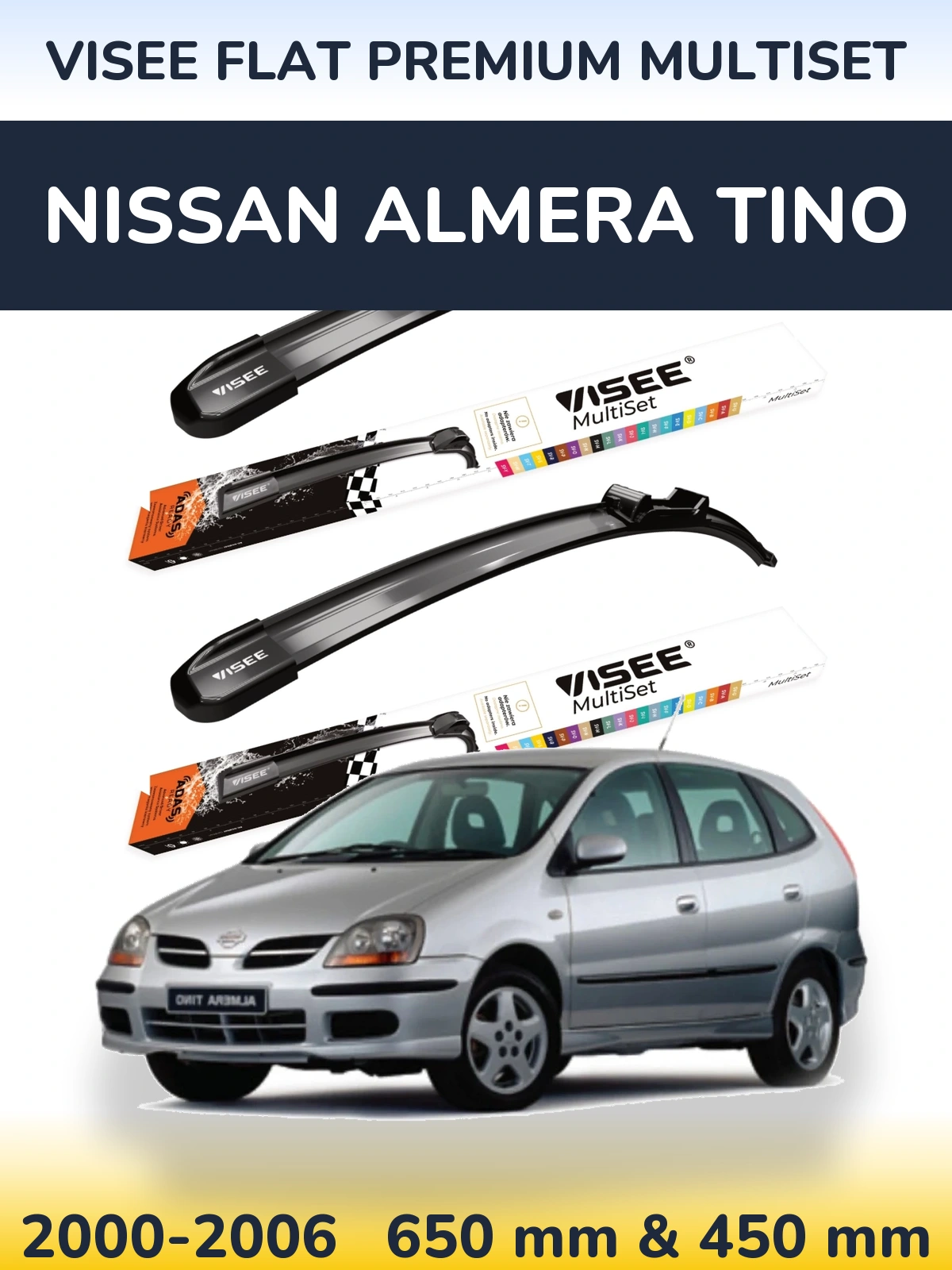Front wiper blade set VISEE FLAT PREMIUM MultiSet 650 & 450 mm for Nissan Almera Tino 2000-2006