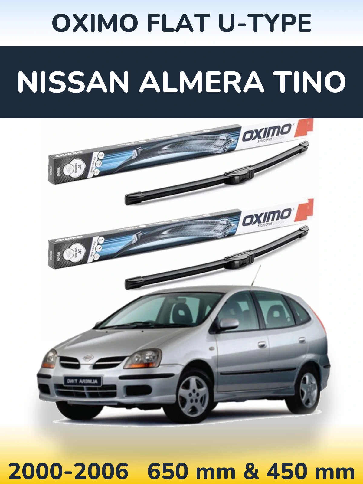 Комплект передних дворников Oximo Flat U-type 650 & 450 мм для Nissan Almera Tino 2000-2006