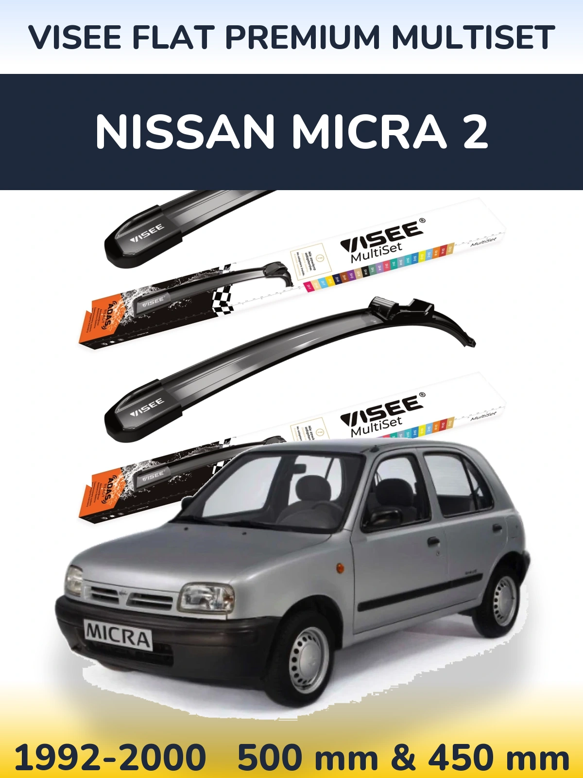 Front wiper blade set VISEE FLAT PREMIUM MultiSet 500 & 450 mm for Nissan Micra 2 1992-2000