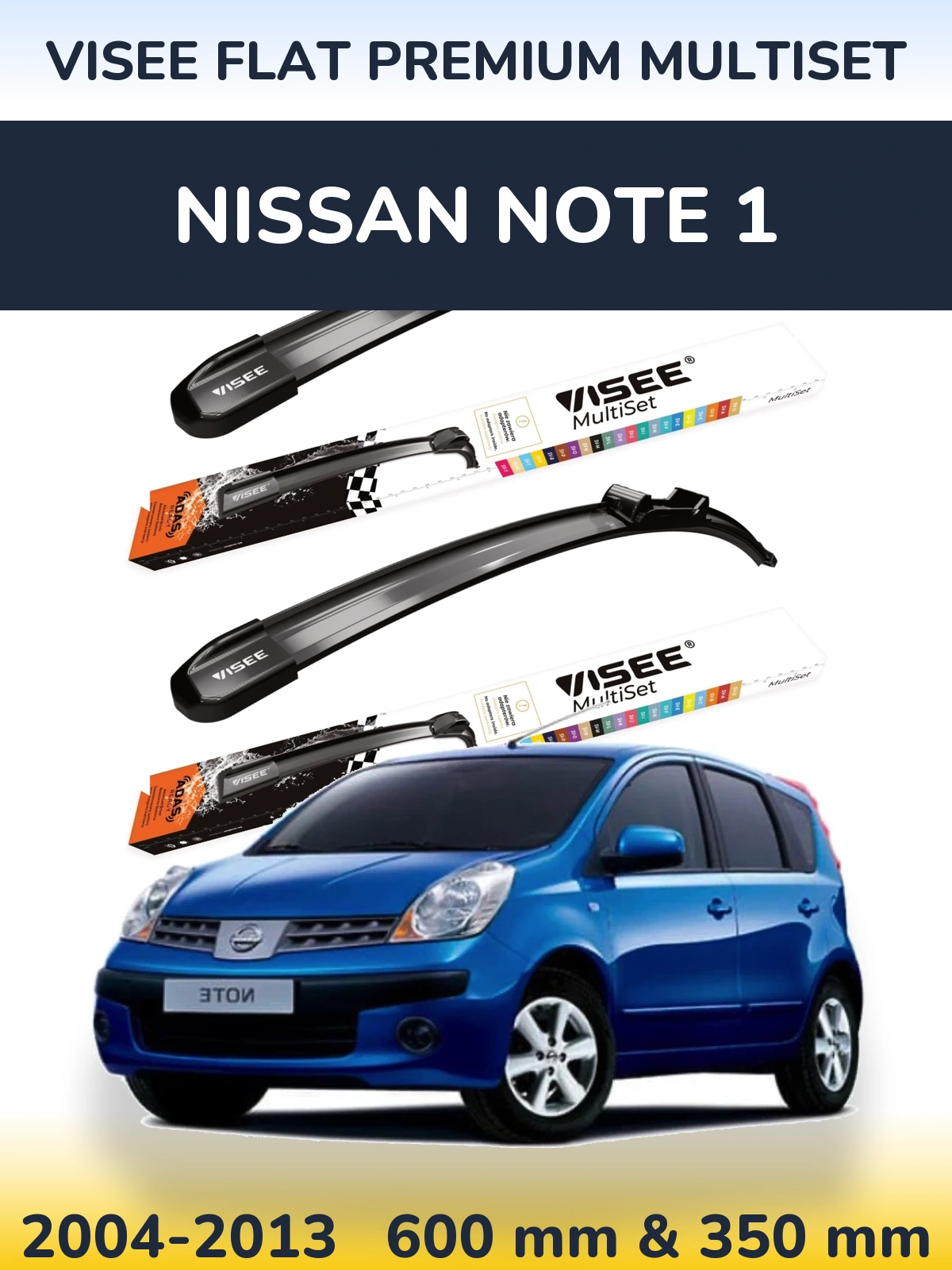 Front wiper blade set VISEE FLAT PREMIUM MultiSet 600 & 350 mm for Nissan Note 1 2004-2013