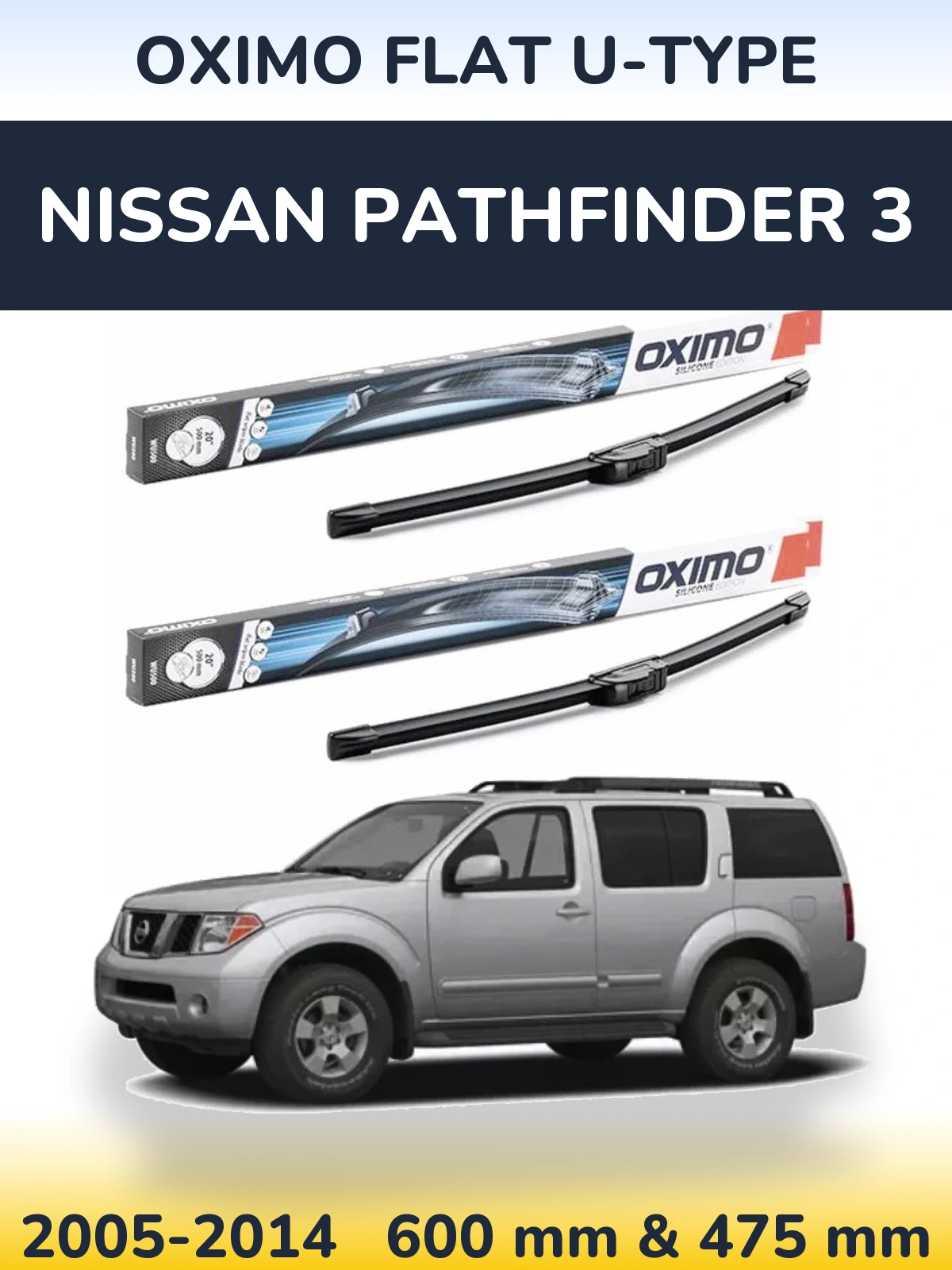 Комплект передних дворников Oximo Flat U-type 600 & 475 мм для Nissan Pathfinder 3 2005-2014