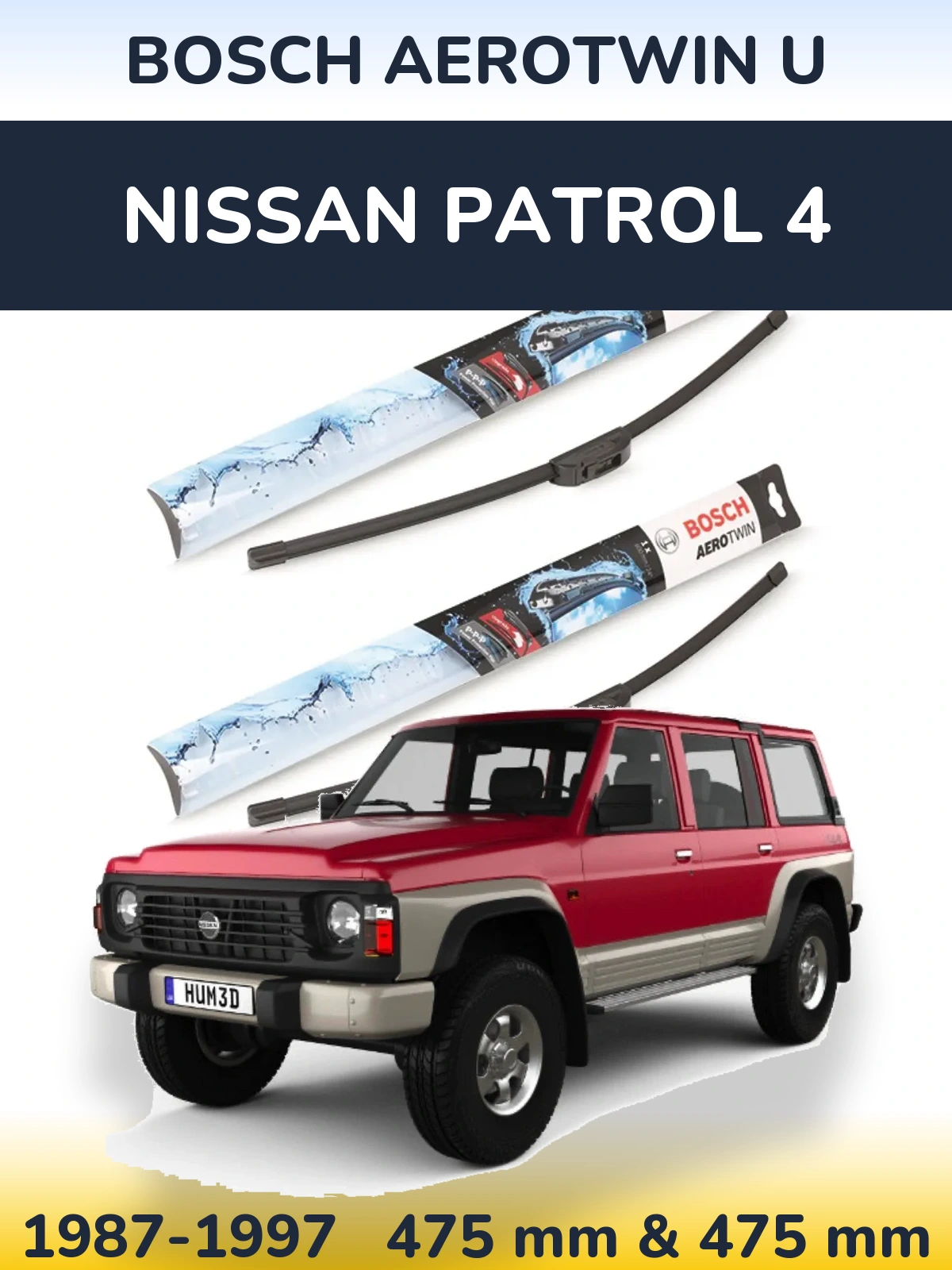 Front wiper blade set BOSCH AeroTwin U 475 & 475 mm for Nissan Patrol 4 1987-1997