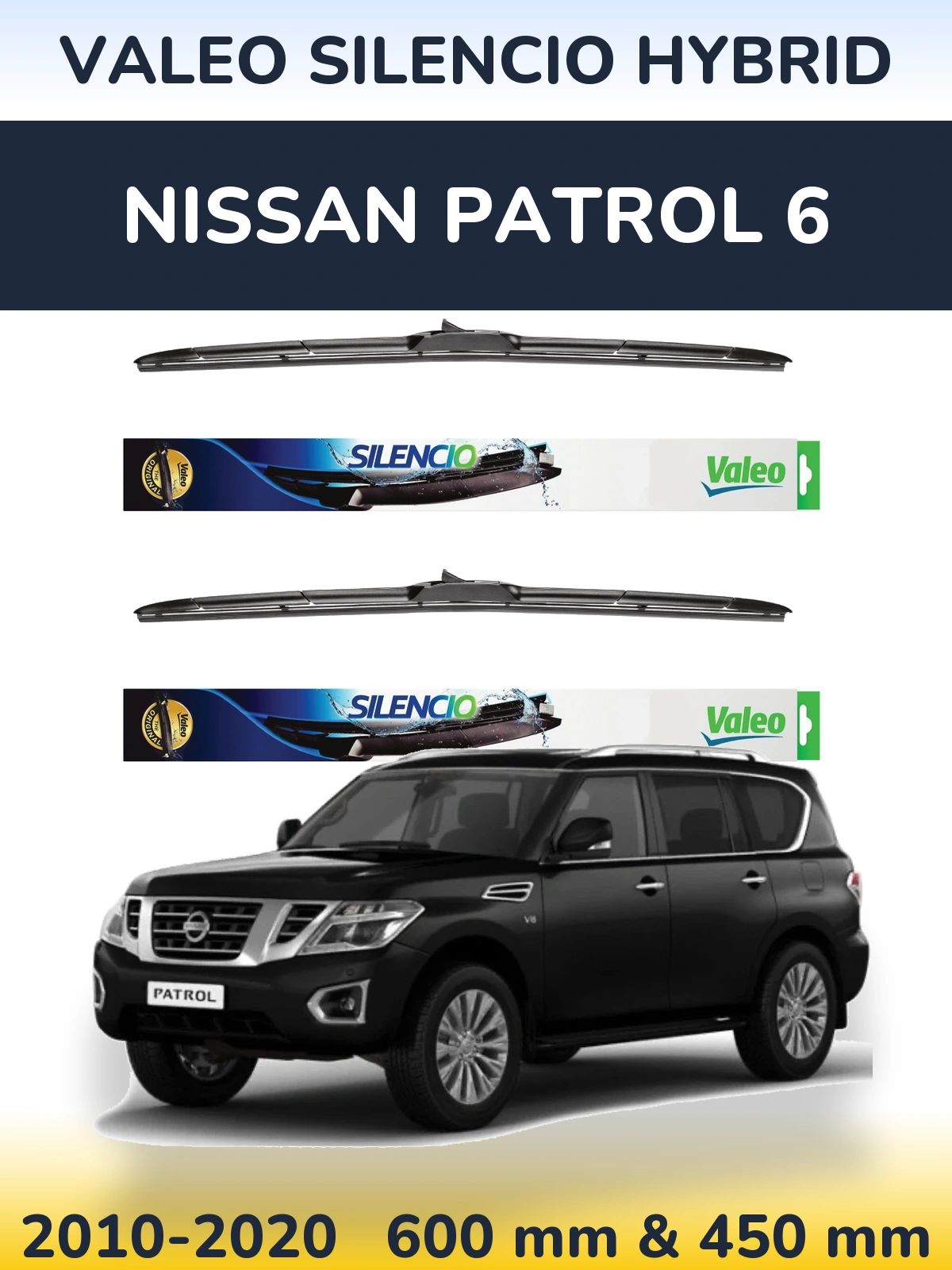 Front wiper blade set Valeo Silencio Hybrid 600 & 450 mm for Nissan Patrol 6 2010-2020