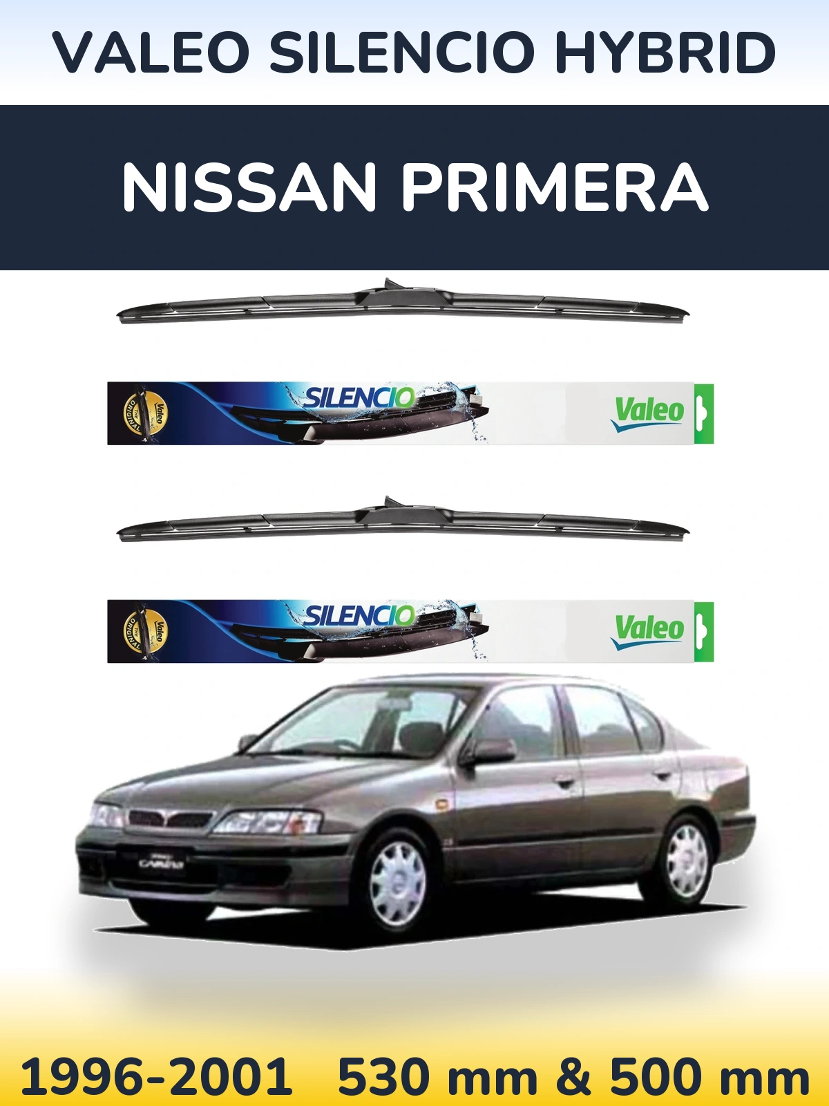 Komplet przednich wycieraczek Valeo Silencio Hybrid 530 & 500 mm do Nissan Primera 1996-2001