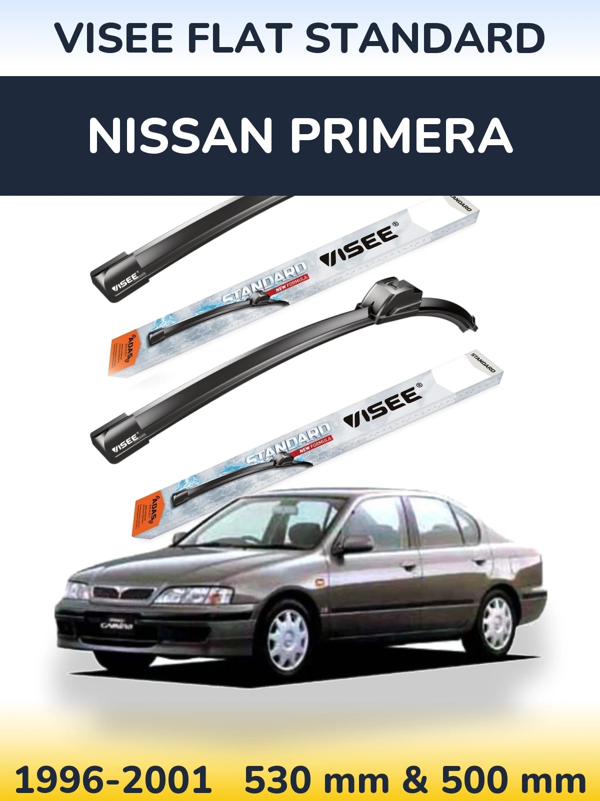 Komplet przednich wycieraczek VISEE FLAT STANDARD 530 & 500 mm do Nissan Primera 1996-2001