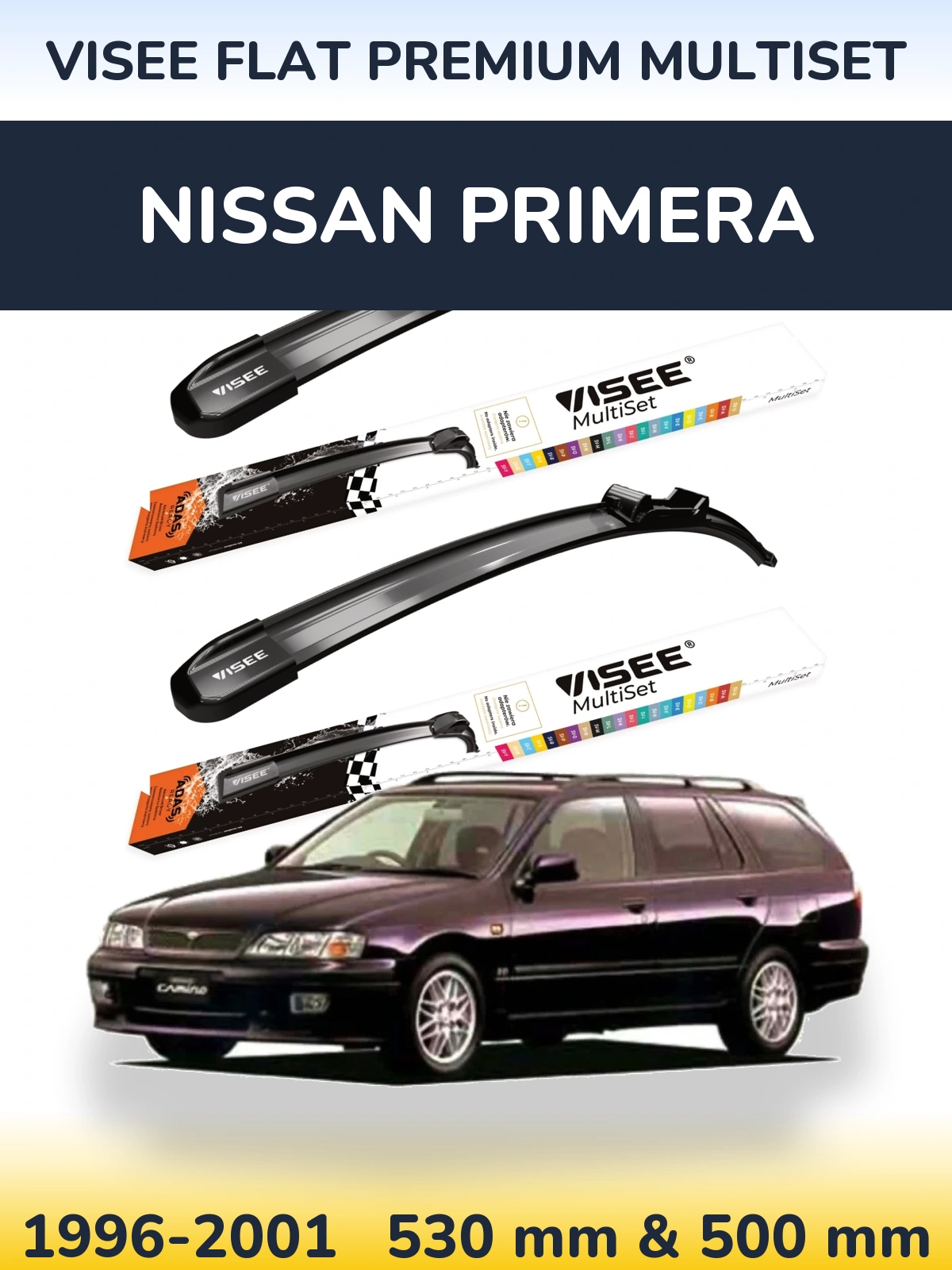 Komplet przednich wycieraczek VISEE FLAT PREMIUM MultiSet 530 & 500 mm do Nissan Primera 1996-2001
