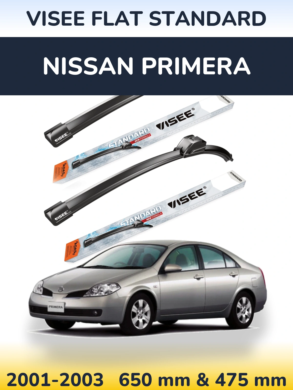 Комплект передних дворников VISEE FLAT STANDARD 650 & 475 мм для Nissan Primera 2001-2003
