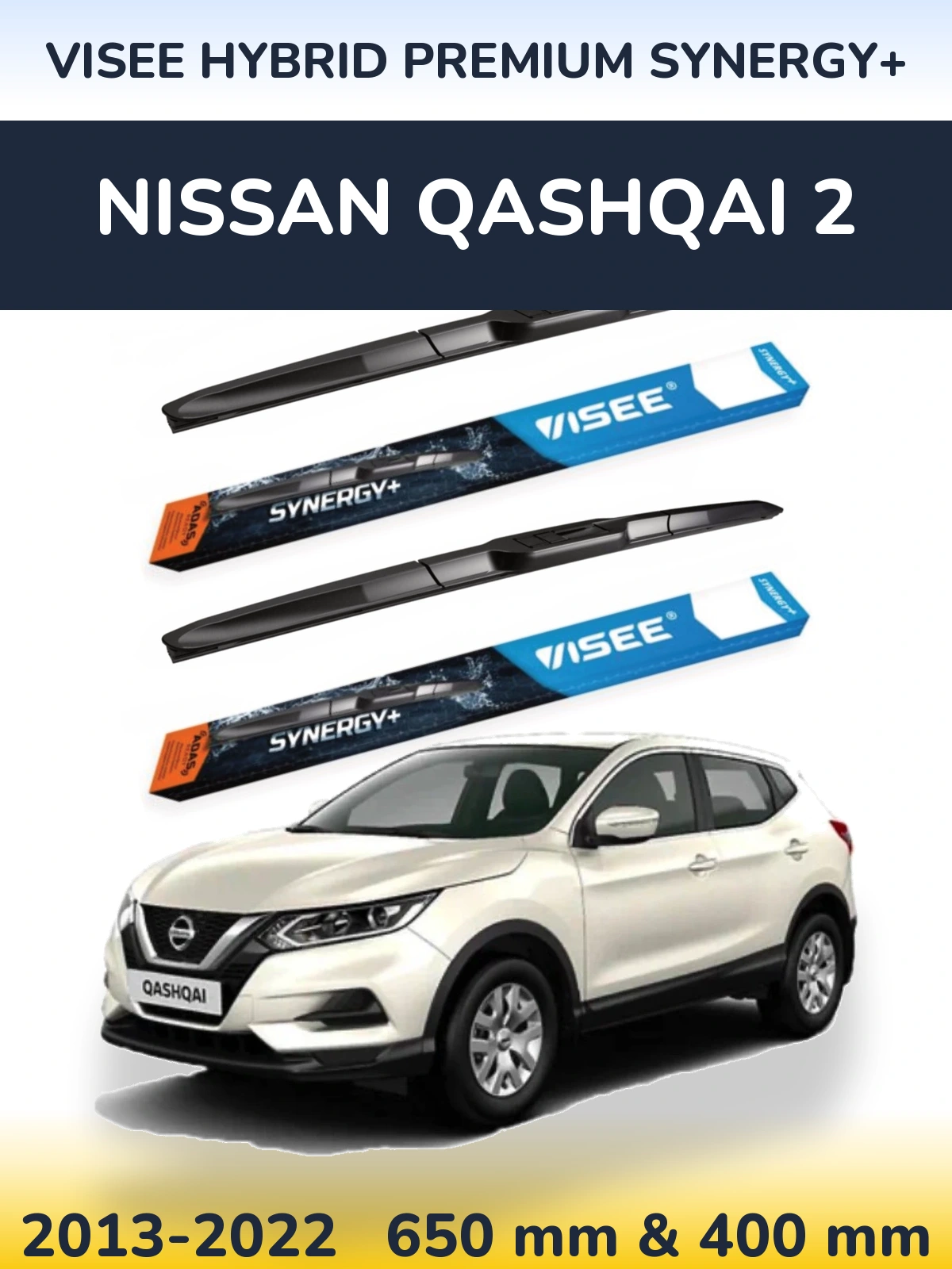 Front wiper blade set VISEE HYBRID PREMIUM SYNERGY+ 650 & 400 mm for Nissan Qashqai 2 2013-2022